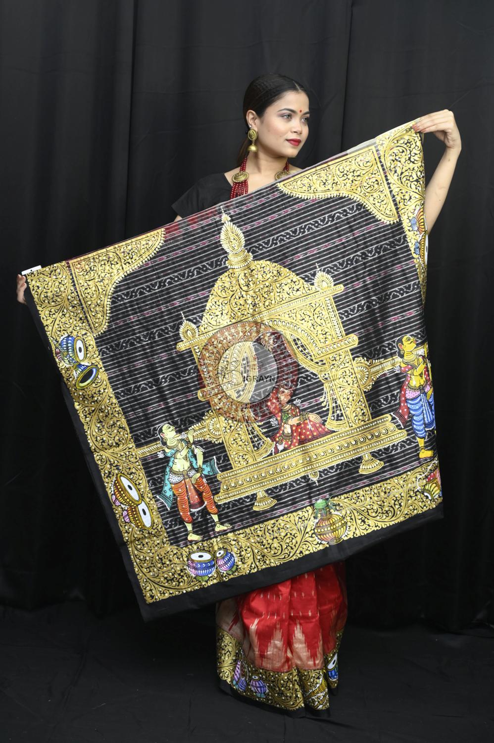 Red Ganga Jamuna Border Marriage Theme Pattachitra Silk Saree