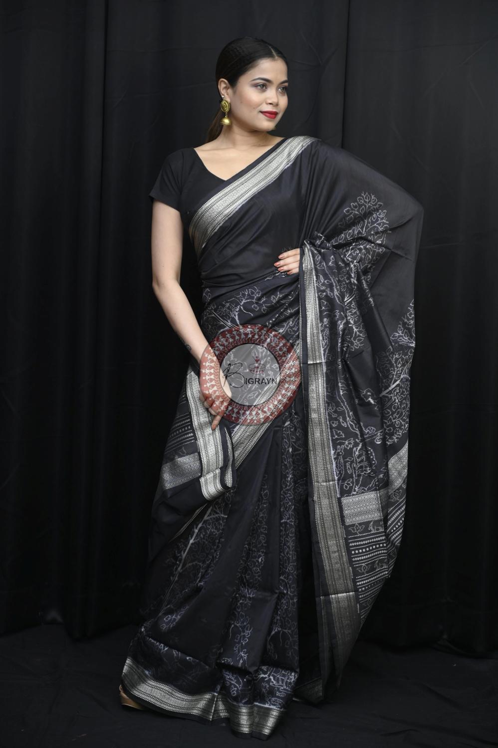Black Long Trees Natural Dye Sambalpuri Silk Saree