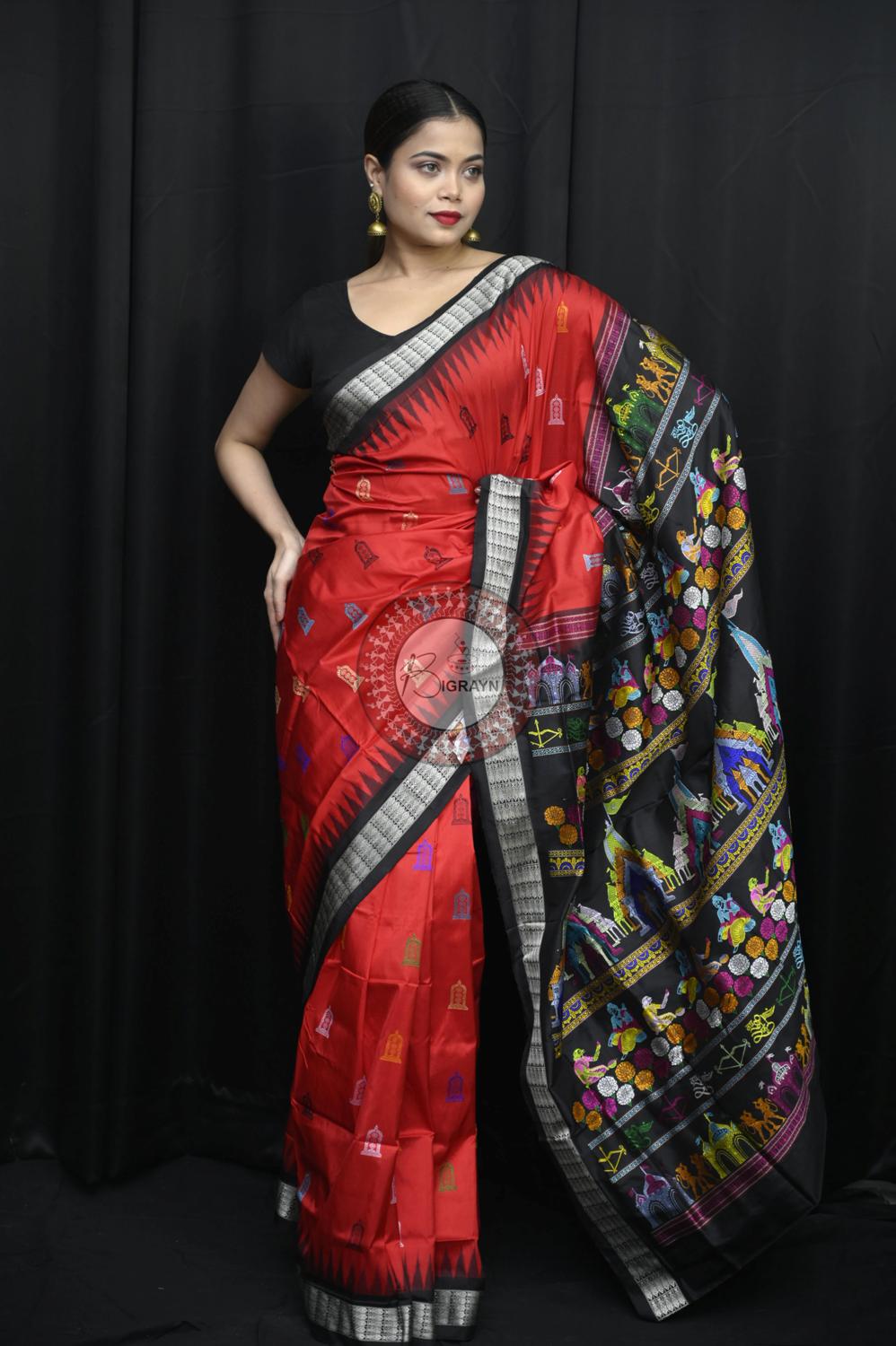 Red Black Sri Ram Exclusive Sambalpuri Silk Saree