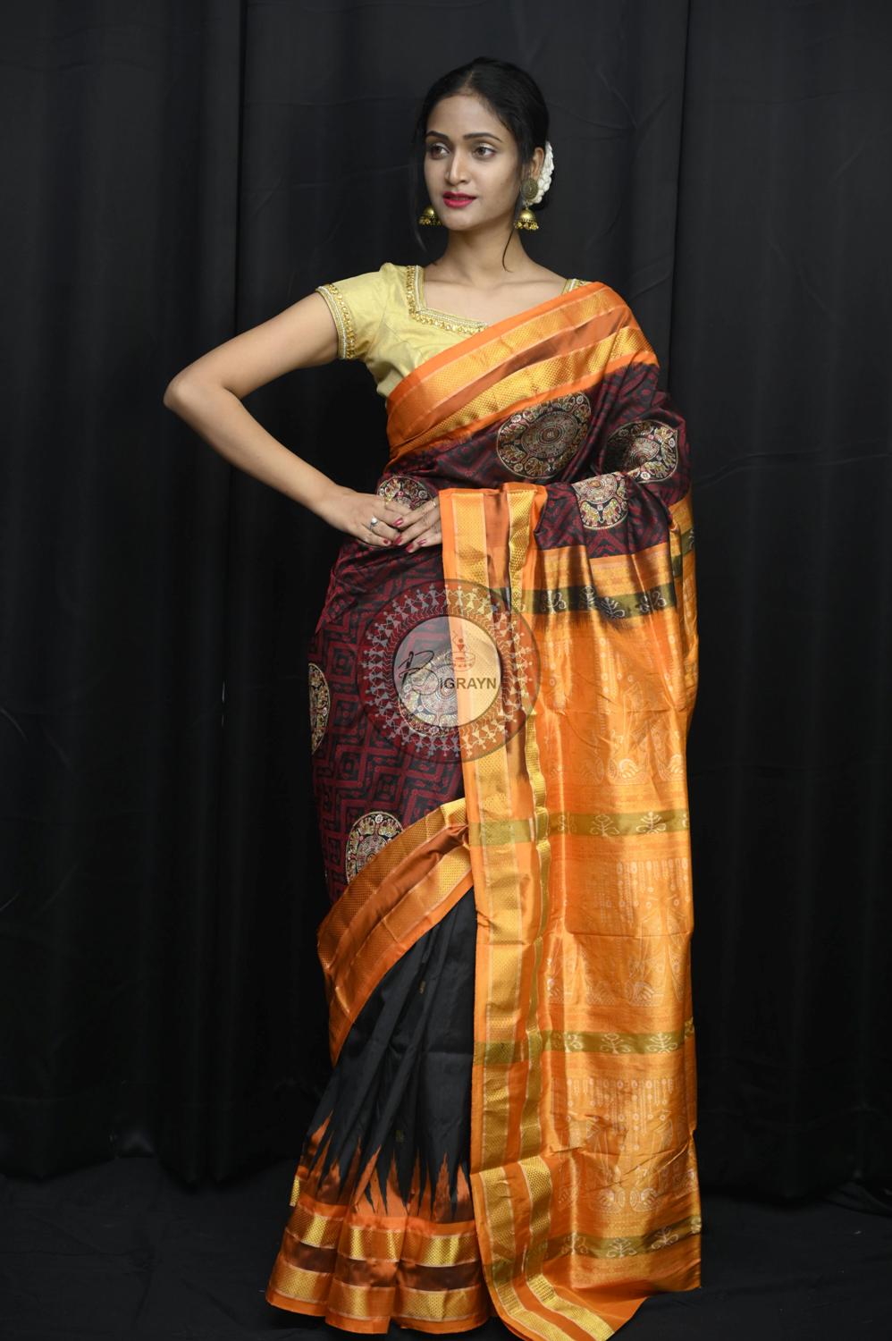 "Odisha Handloom Tissue Silk Saree with shimmering texture, elegant zari border, and lightweight drape, handcrafted by artisans"