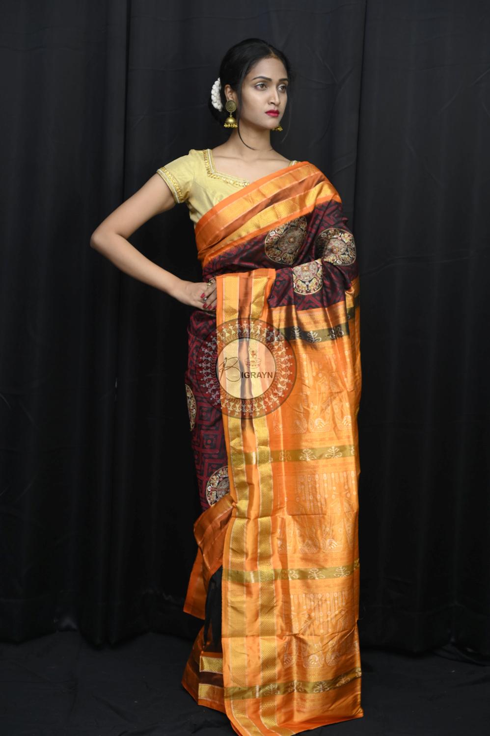 "Odisha Handloom Tissue Silk Saree with shimmering texture, elegant zari border, and lightweight drape, handcrafted by artisans"
