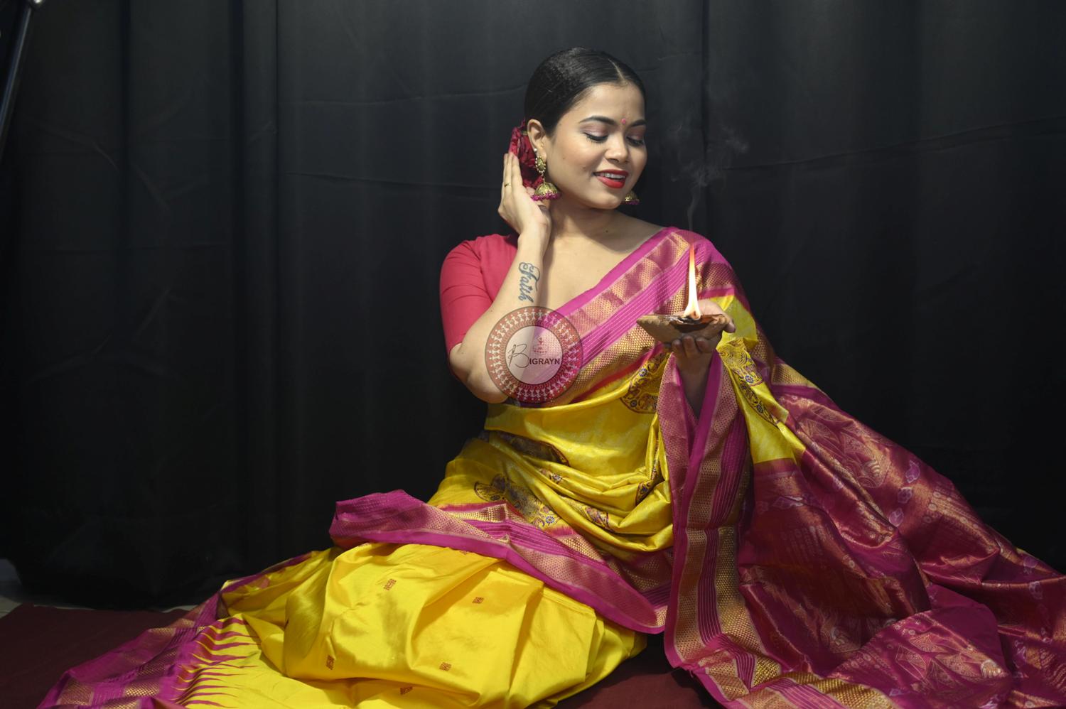 "Odisha Handloom Tissue Silk Saree with shimmering texture, elegant zari border, and lightweight drape, handcrafted by artisans"