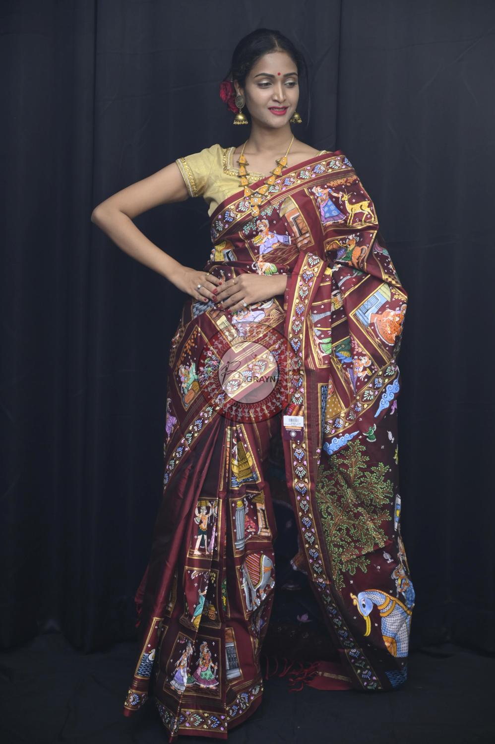 Maroon Small Box Boita Bandana Pattachitra Silk Saree