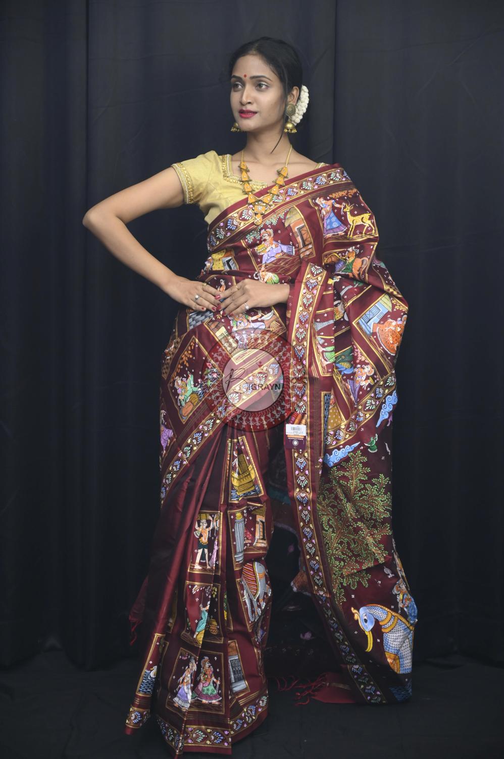 Maroon Small Box Boita Bandana Pattachitra Silk Saree