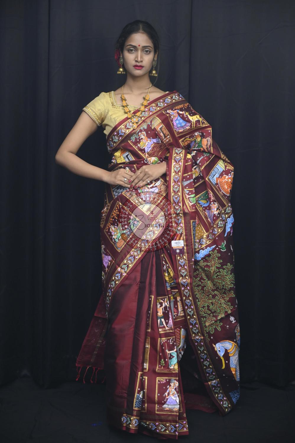 Maroon Small Box Boita Bandana Pattachitra Silk Saree