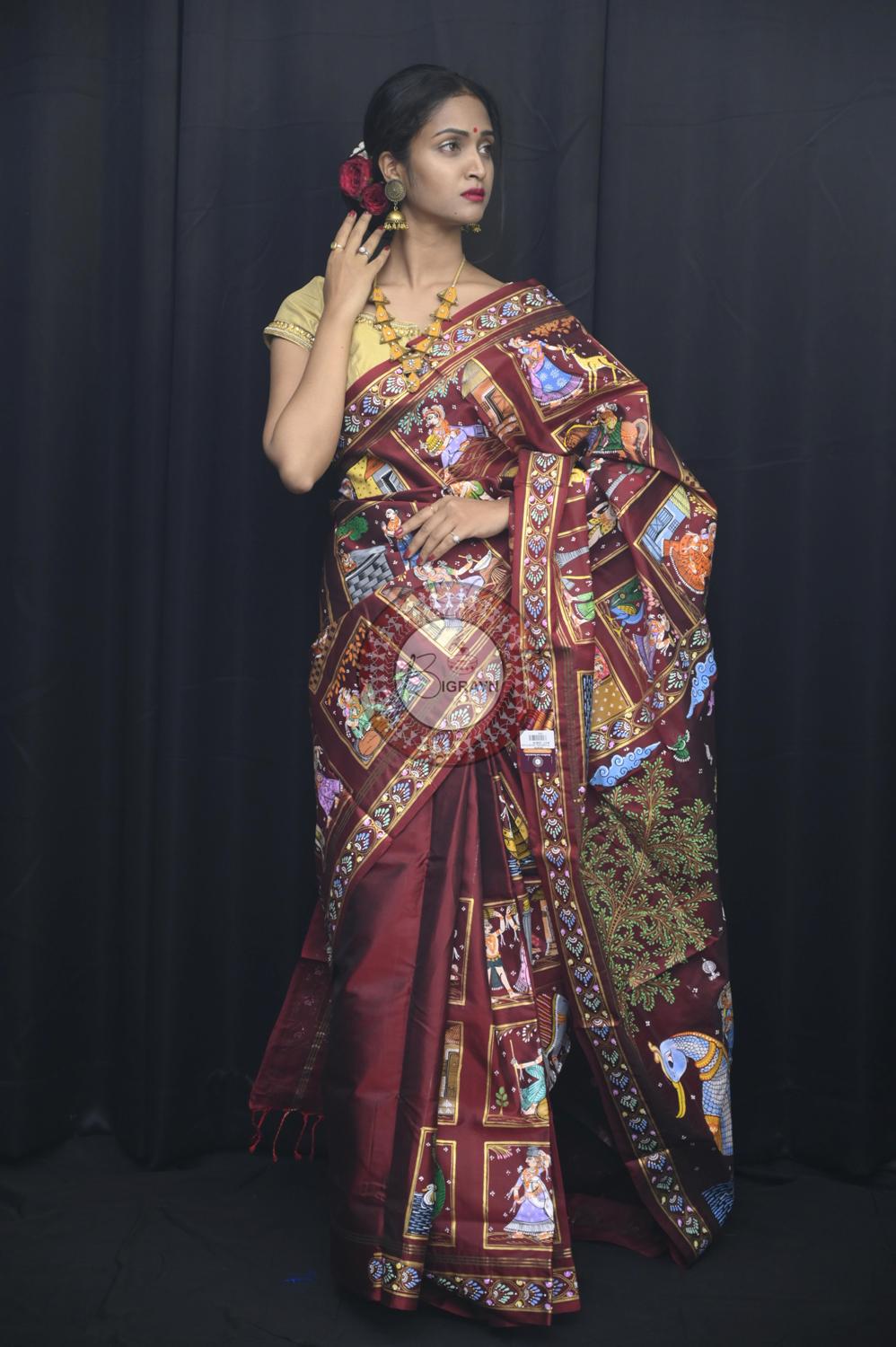 Maroon Small Box Boita Bandana Pattachitra Silk Saree