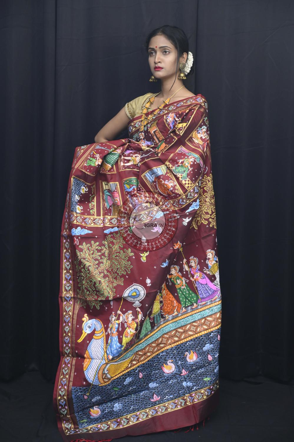 Maroon Small Box Boita Bandana Pattachitra Silk Saree