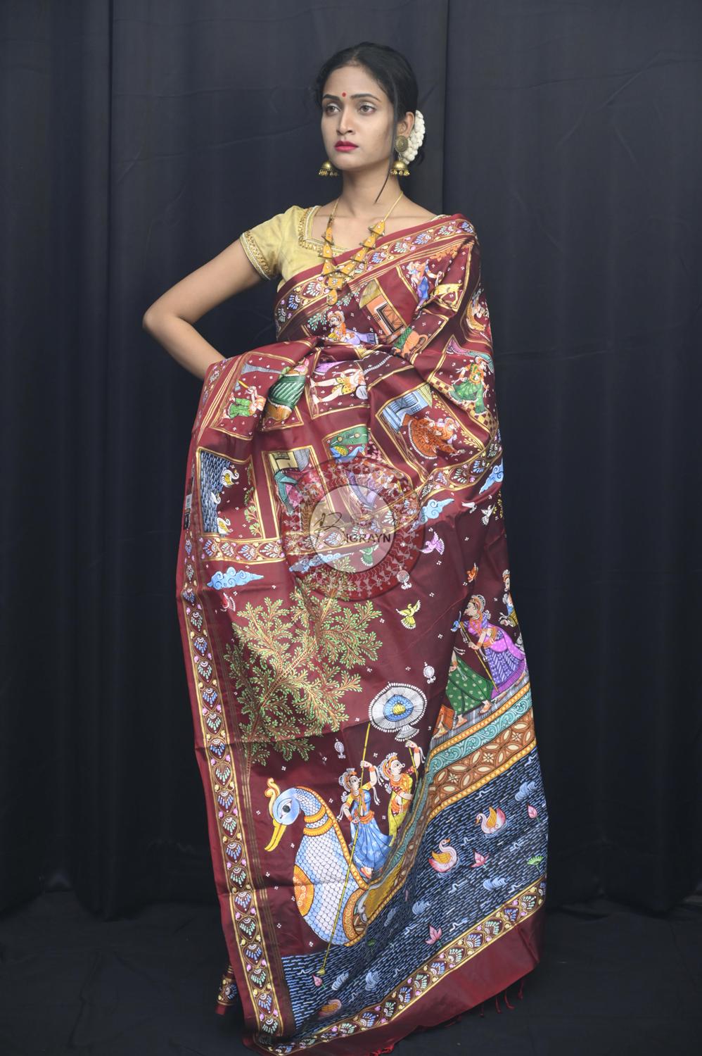 Maroon Small Box Boita Bandana Pattachitra Silk Saree