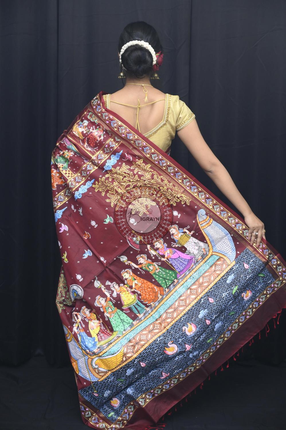 Maroon Small Box Boita Bandana Pattachitra Silk Saree