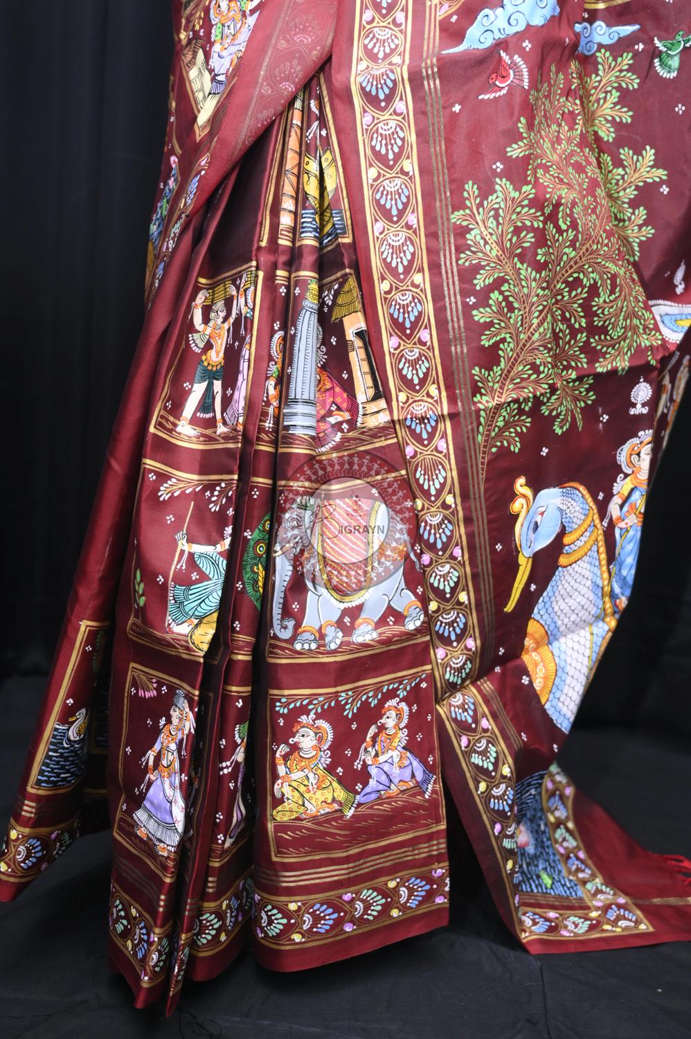 Maroon Small Box Boita Bandana Pattachitra Silk Saree