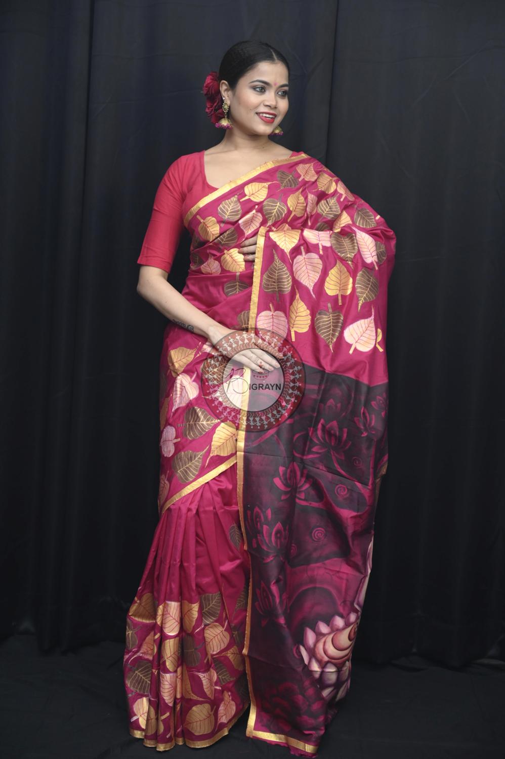 Magenta Buddha Theme Pattachitra Silk Saree