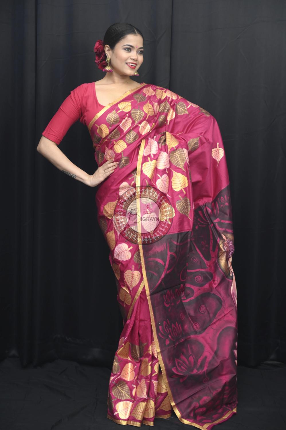 Magenta Buddha Theme Pattachitra Silk Saree
