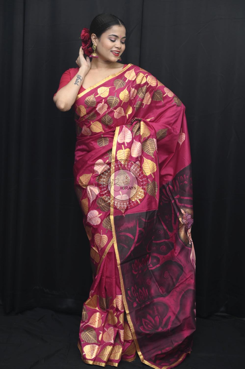 Magenta Buddha Theme Pattachitra Silk Saree
