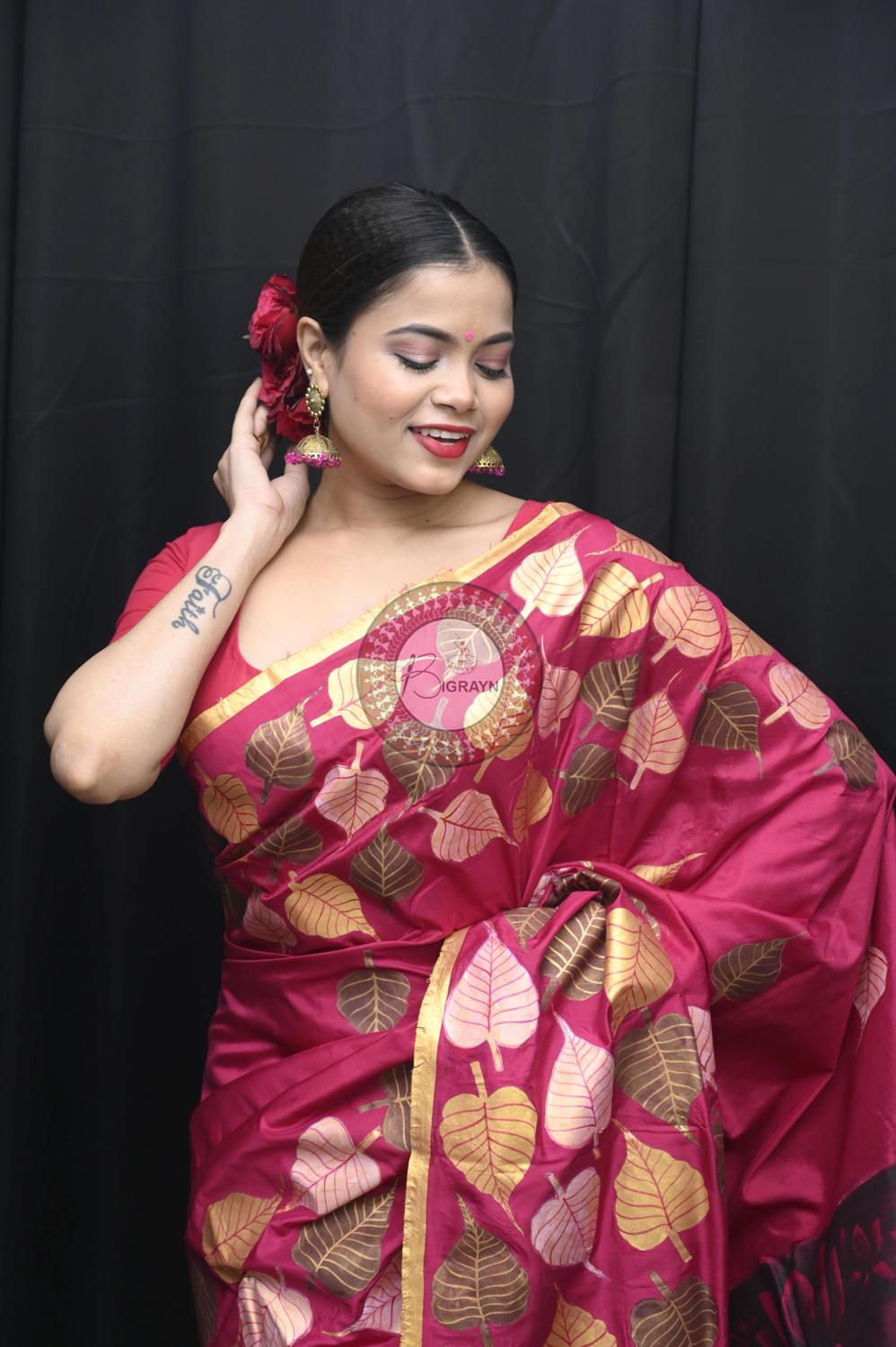 Magenta Buddha Theme Pattachitra Silk Saree