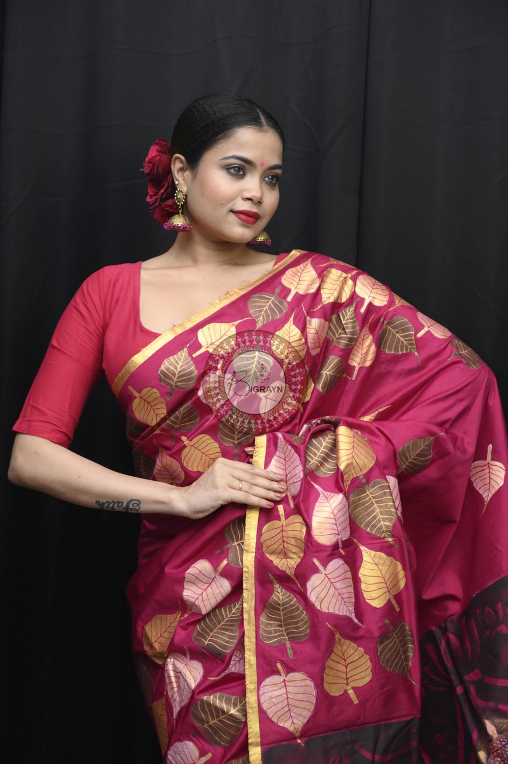 Magenta Buddha Theme Pattachitra Silk Saree