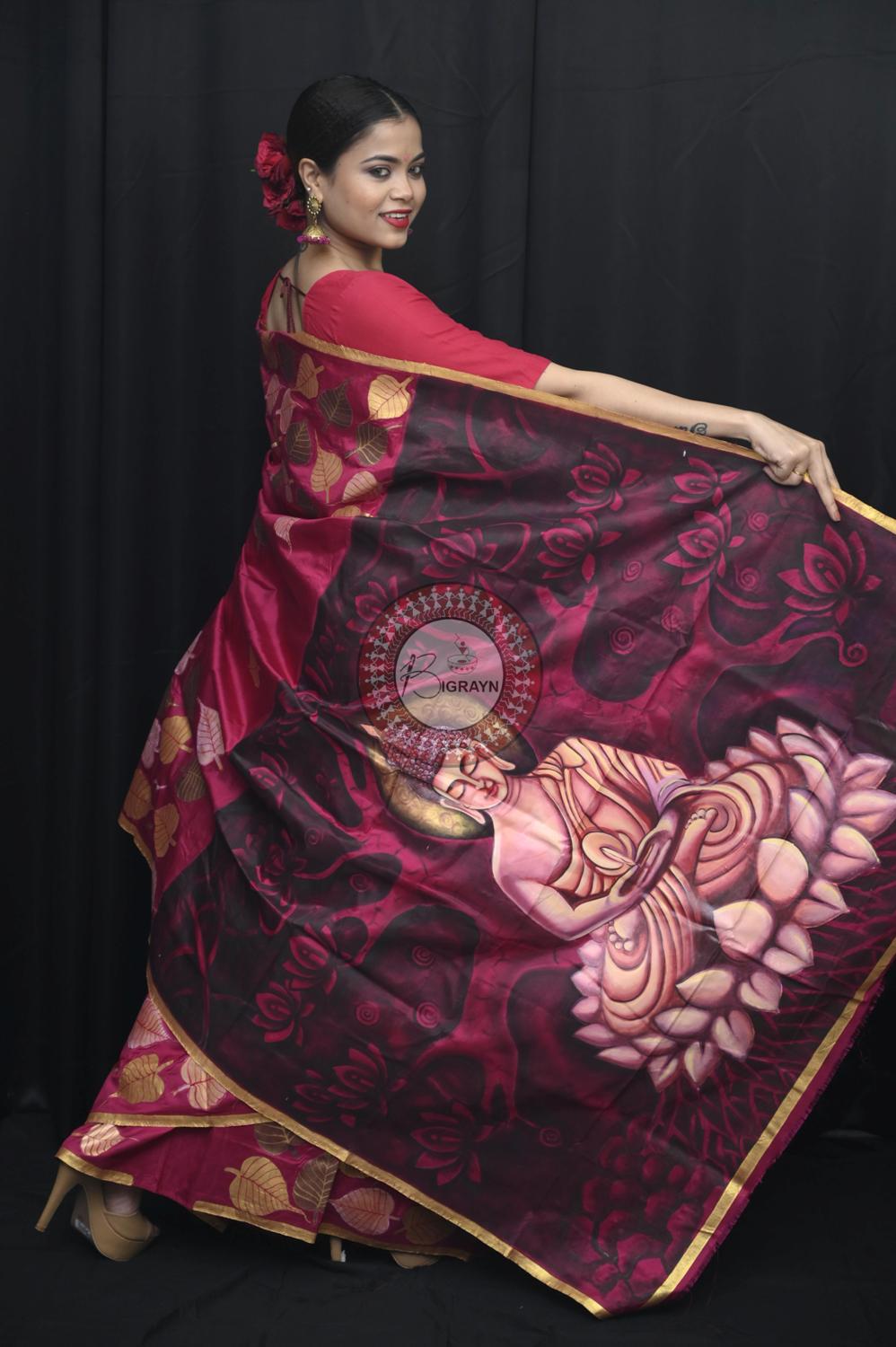 Magenta Buddha Theme Pattachitra Silk Saree