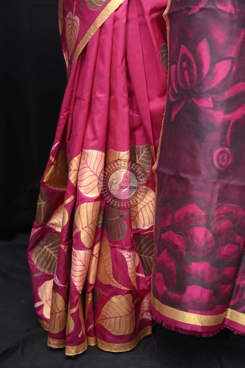 Magenta Buddha Theme Pattachitra Silk Saree