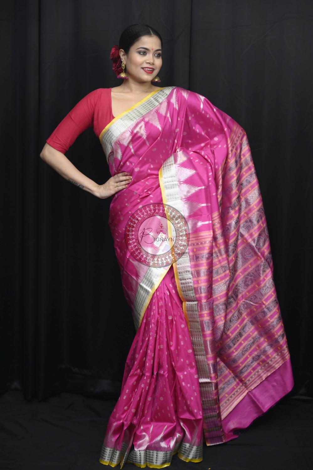 "Odisha Handloom Tissue Silk Saree with shimmering texture, elegant zari border, and lightweight drape, handcrafted by artisans"