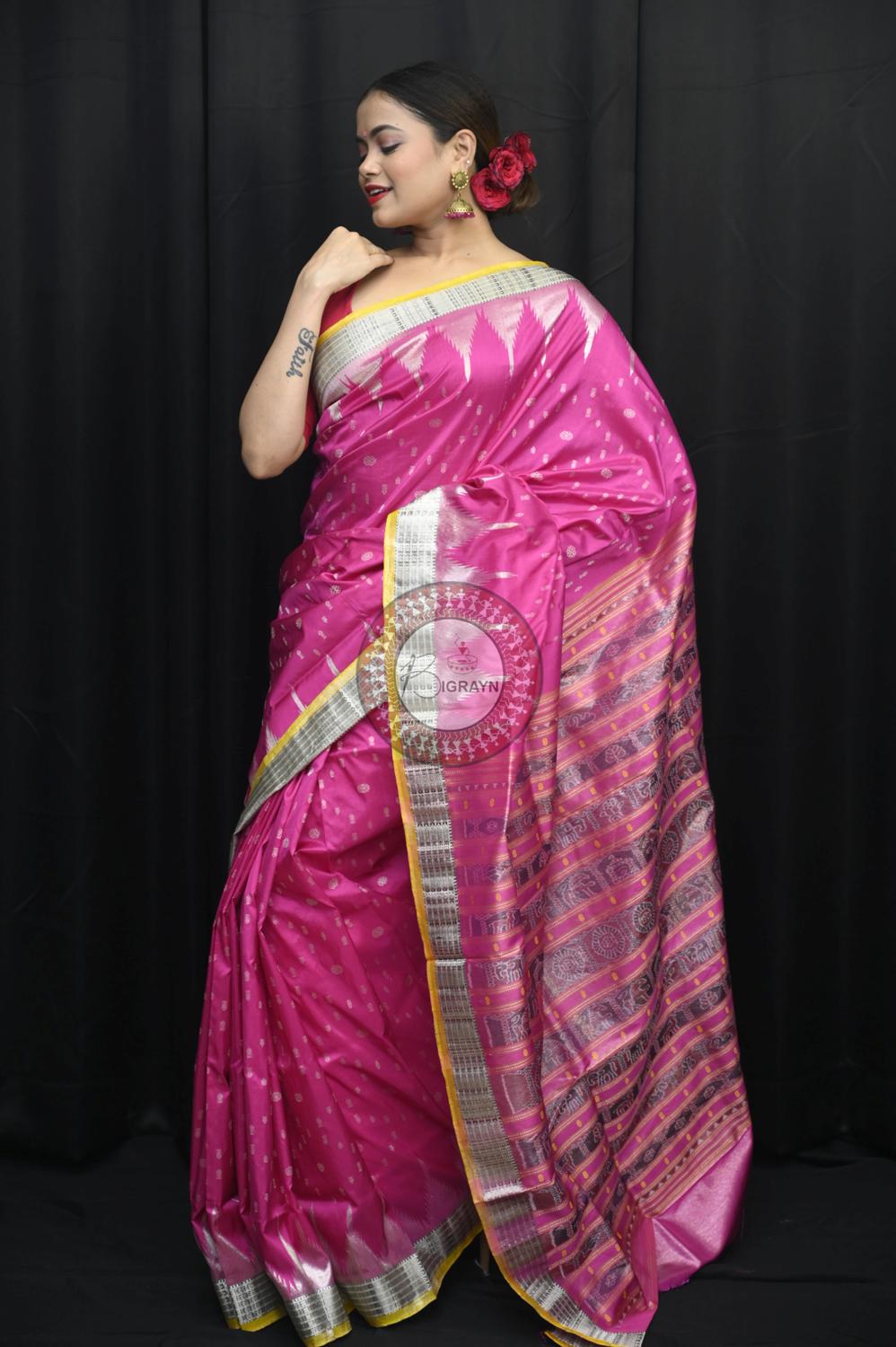 "Odisha Handloom Tissue Silk Saree with shimmering texture, elegant zari border, and lightweight drape, handcrafted by artisans"