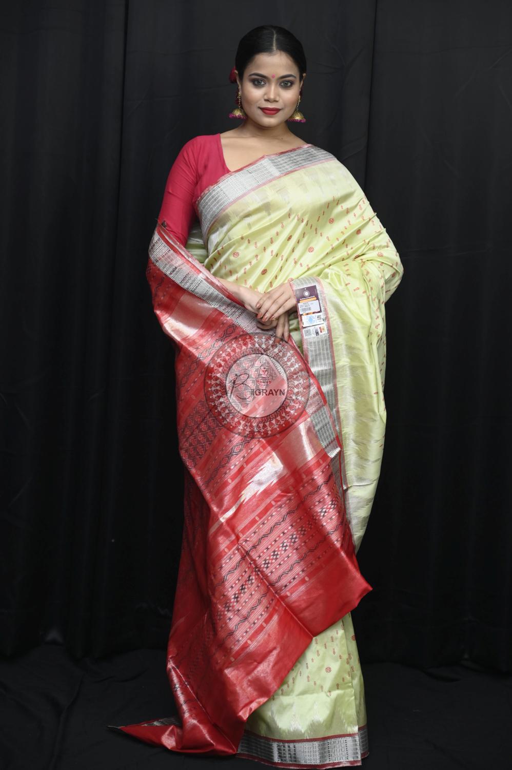 "Odisha Handloom Tissue Silk Saree with shimmering texture, elegant zari border, and lightweight drape, handcrafted by artisans"