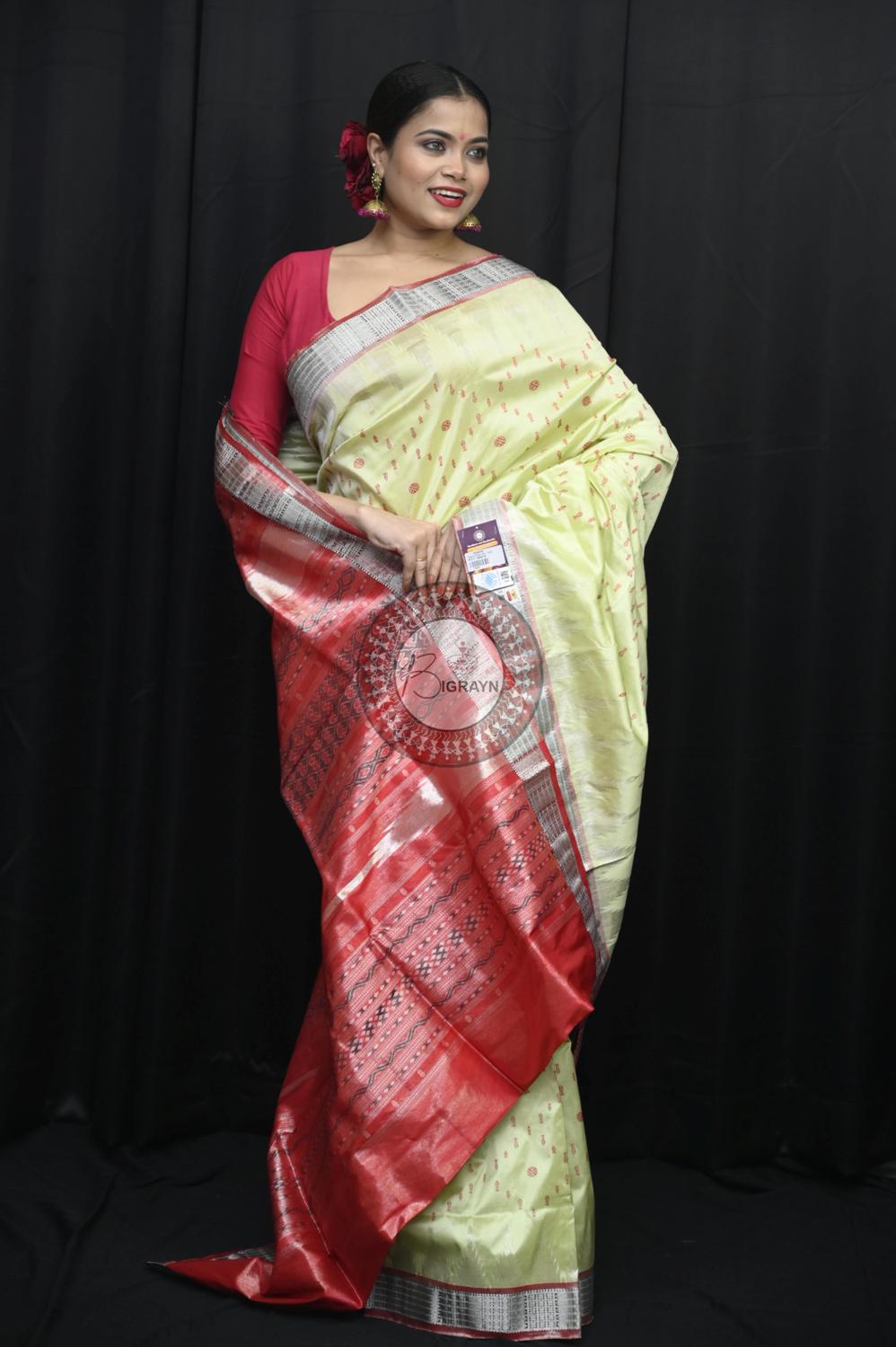 "Odisha Handloom Tissue Silk Saree with shimmering texture, elegant zari border, and lightweight drape, handcrafted by artisans"