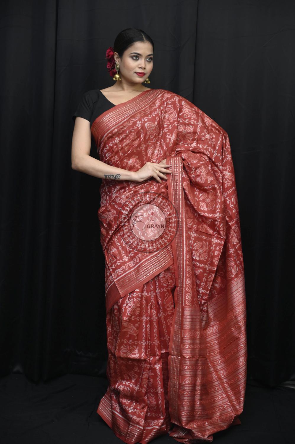 Red Animal Natural Dye Sambalpuri Silk Saree