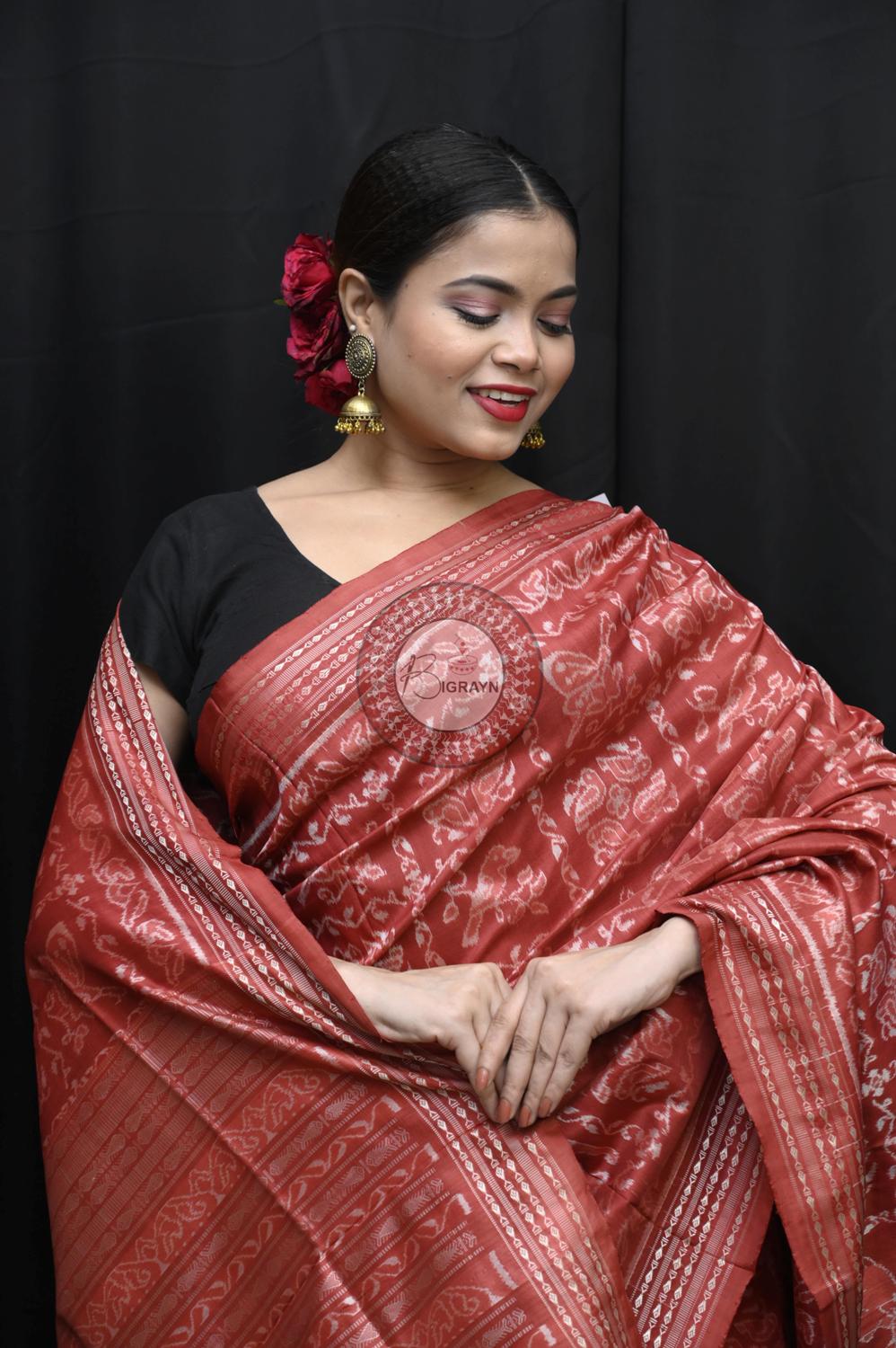 Red Animal Natural Dye Sambalpuri Silk Saree