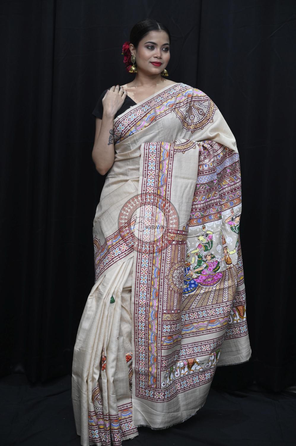 Exclusive Konark Temple Theme Pattachitra Tussar Silk Saree
