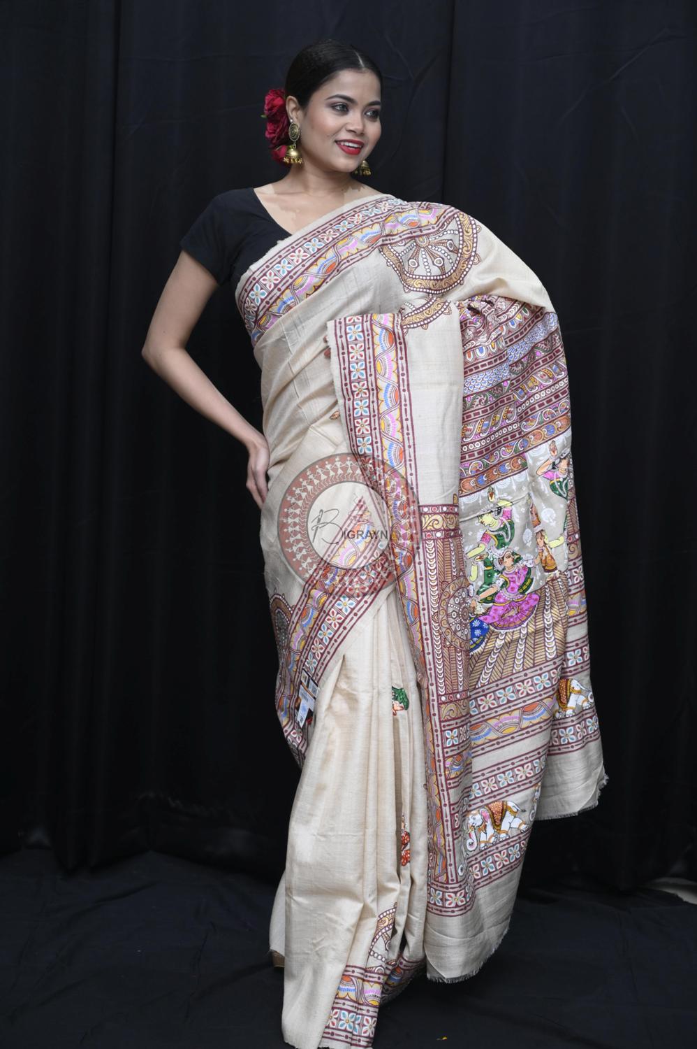 Exclusive Konark Temple Theme Pattachitra Tussar Silk Saree