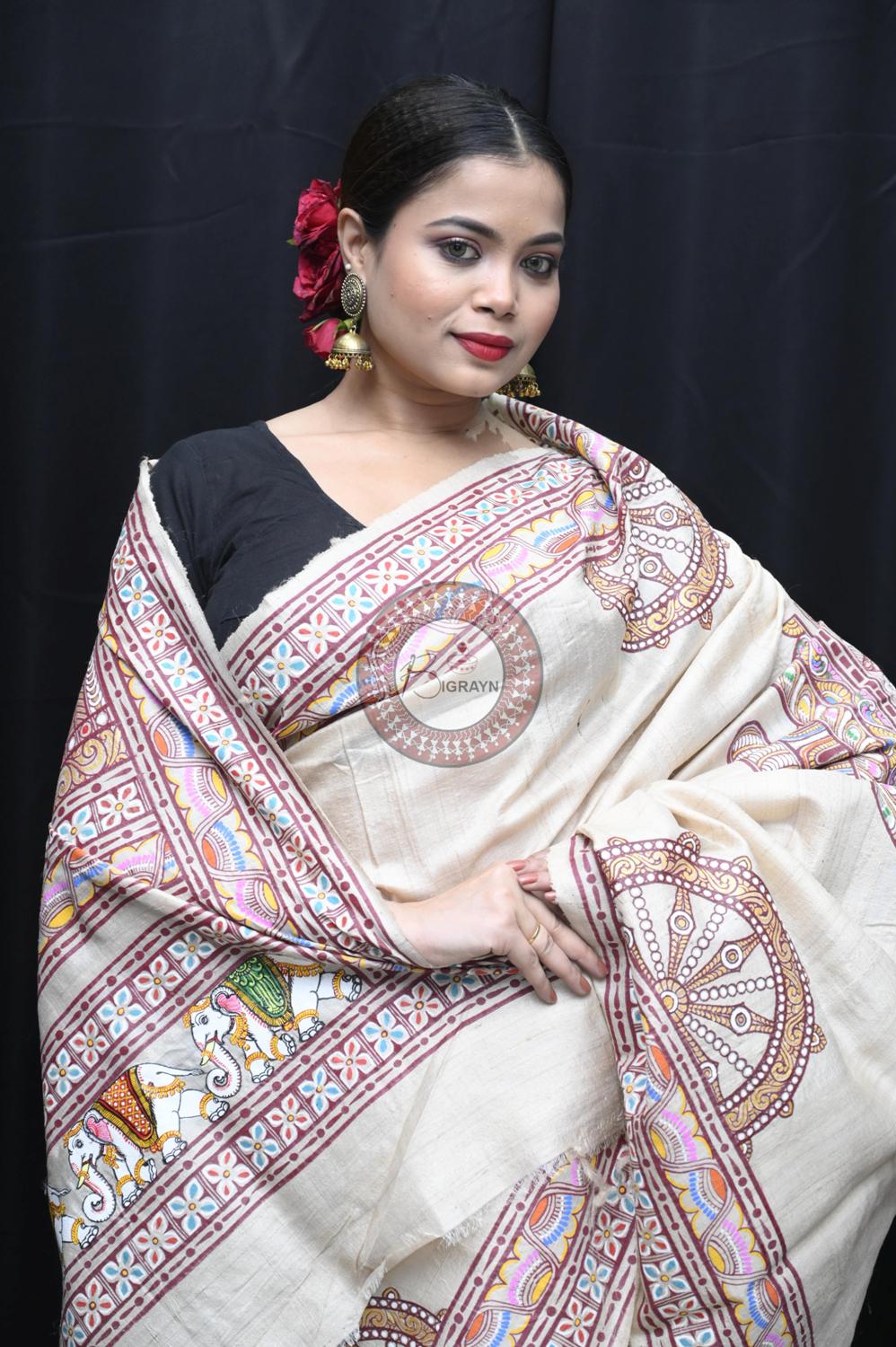 Exclusive Konark Temple Theme Pattachitra Tussar Silk Saree