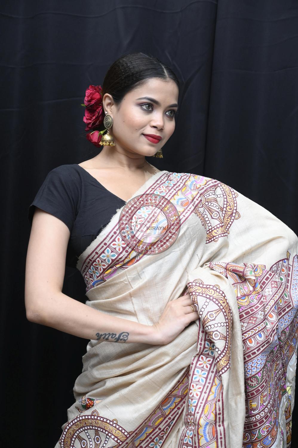 Exclusive Konark Temple Theme Pattachitra Tussar Silk Saree