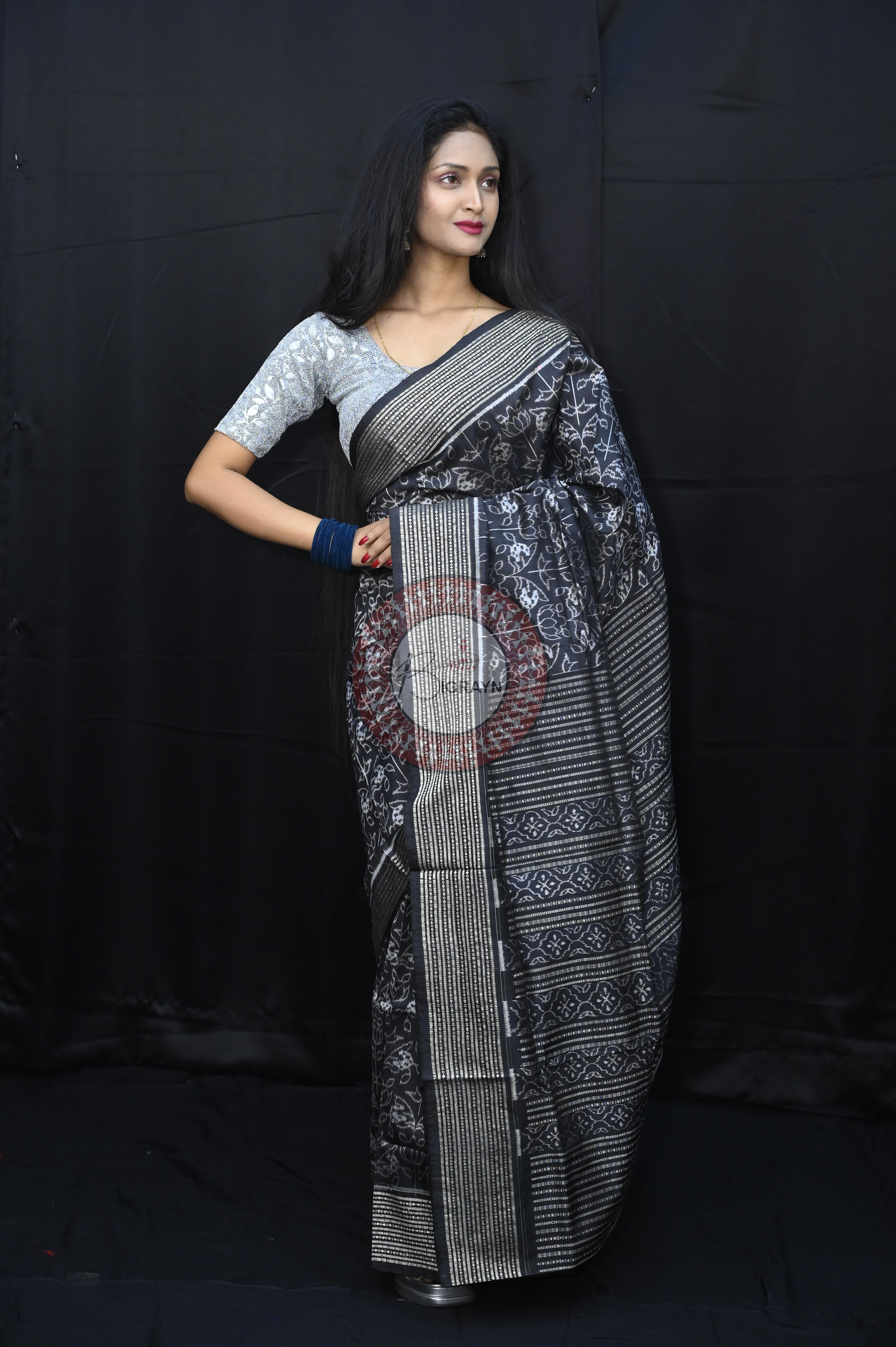 Black White Flower Natural Dye Sambalpuri Silk Saree