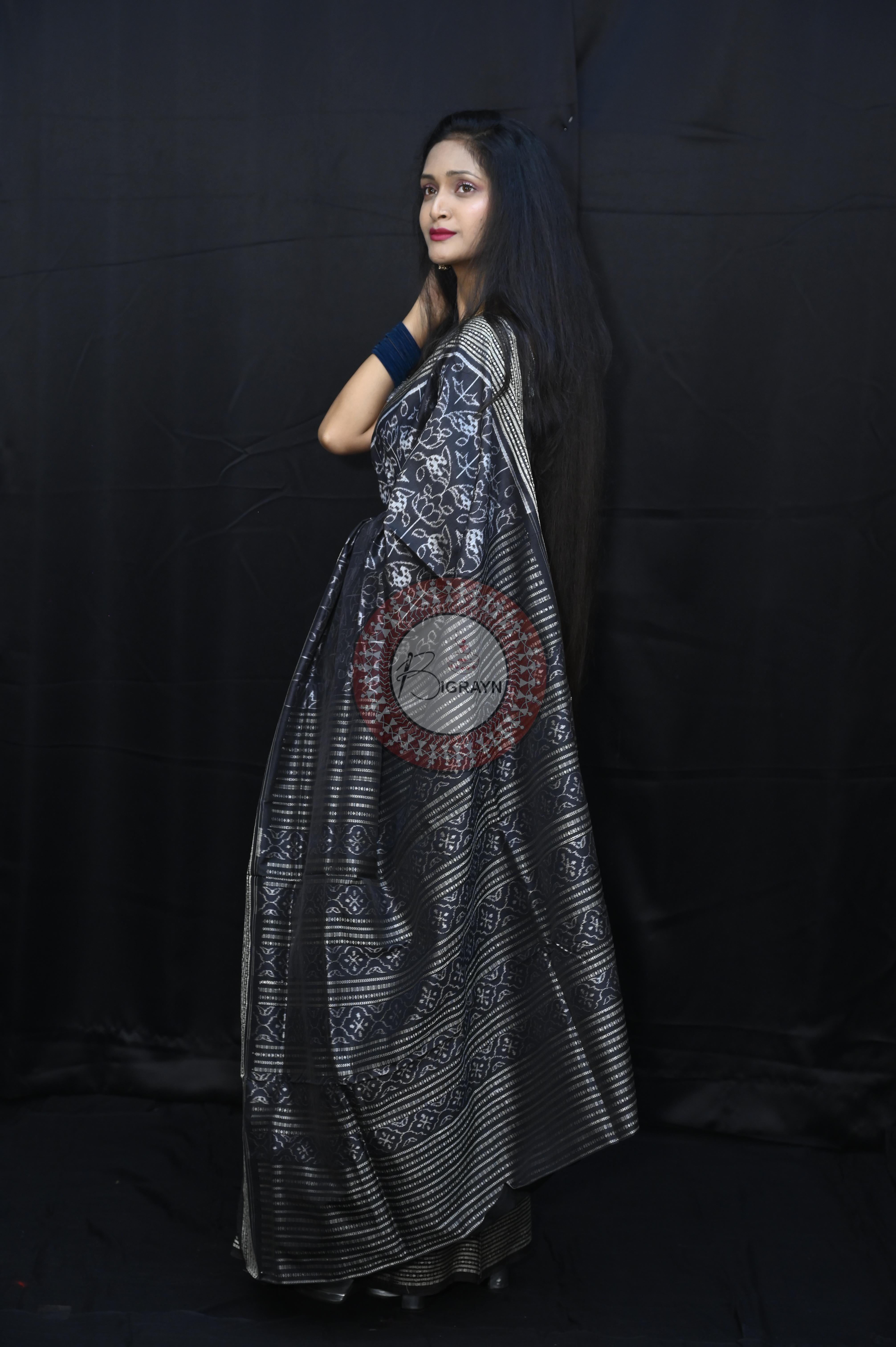 Black White Flower Natural Dye Sambalpuri Silk Saree