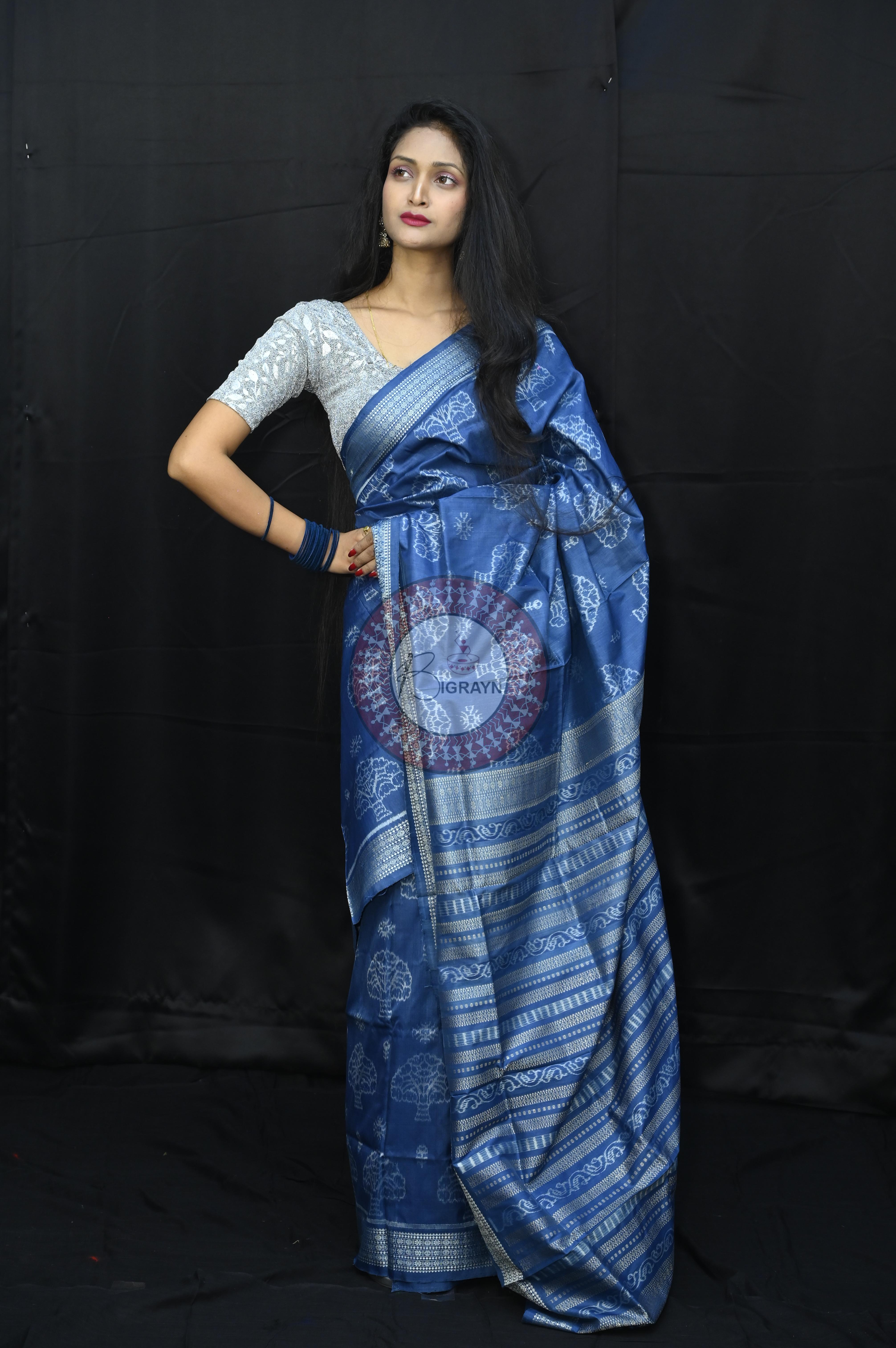 Indigo Blue Tree Natural Dye Sambalpuri Silk Saree