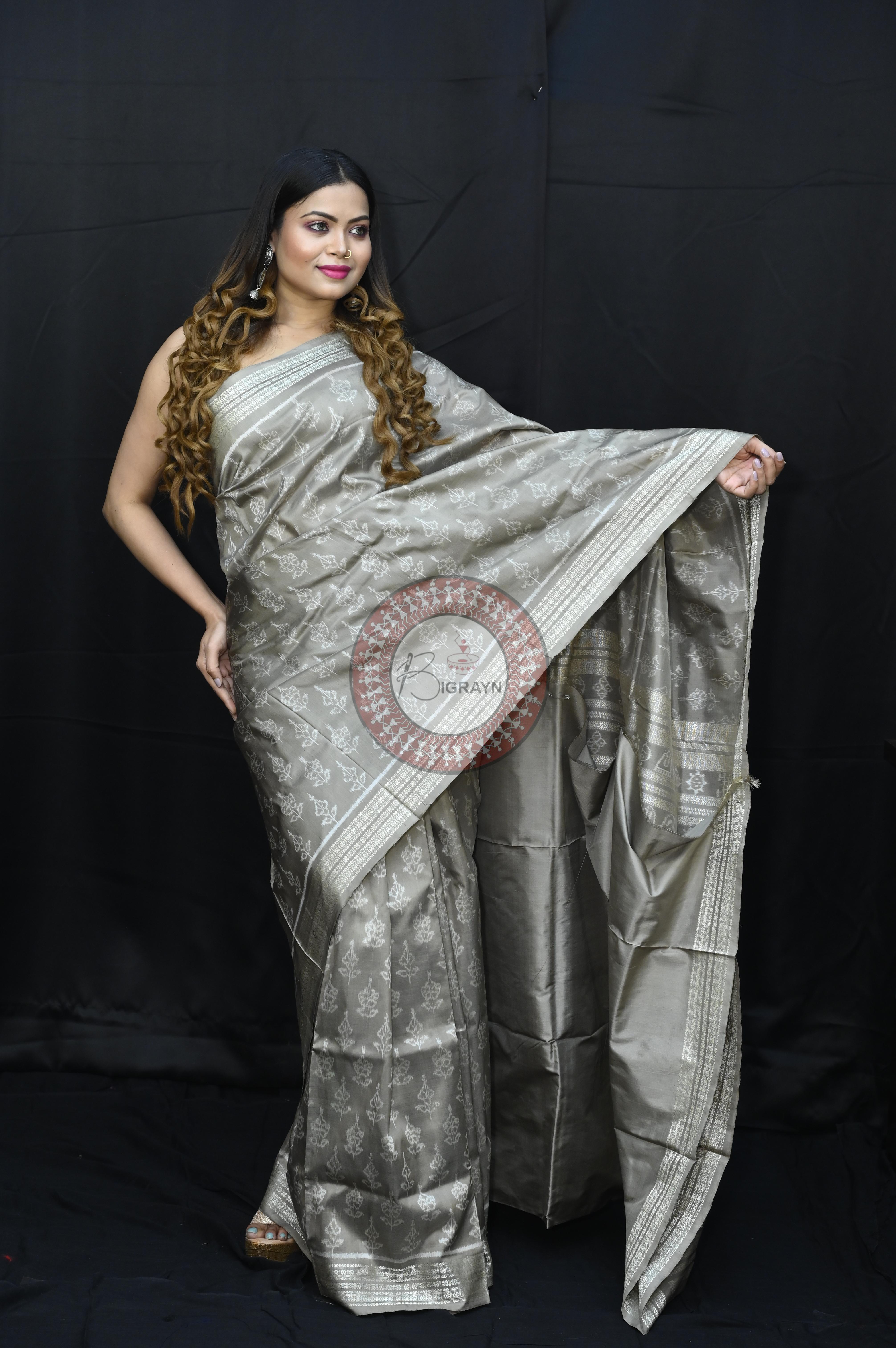 Gray Hibiscuss Natural Dye Sambalpuri Silk Saree