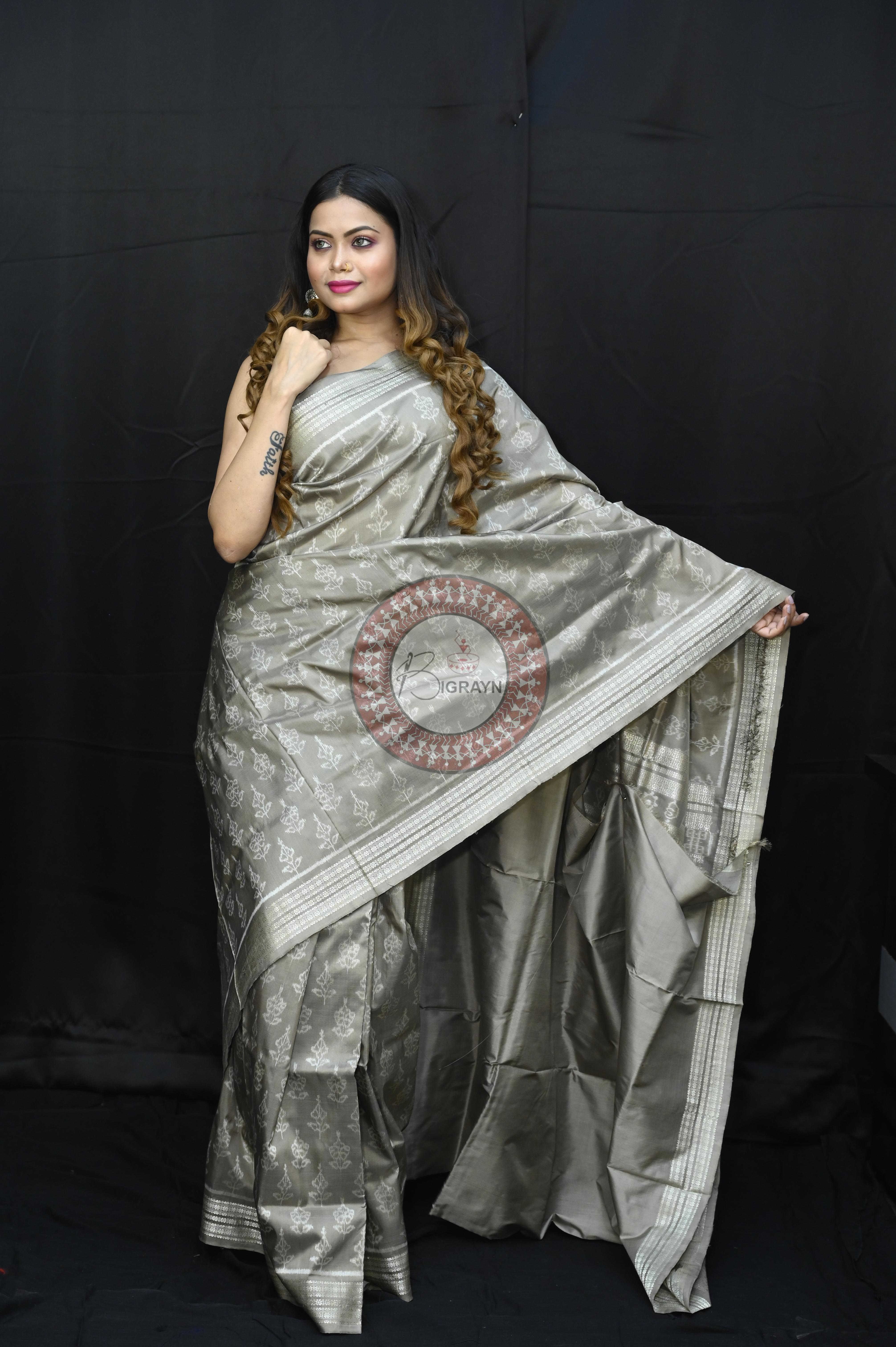 Gray Hibiscuss Natural Dye Sambalpuri Silk Saree