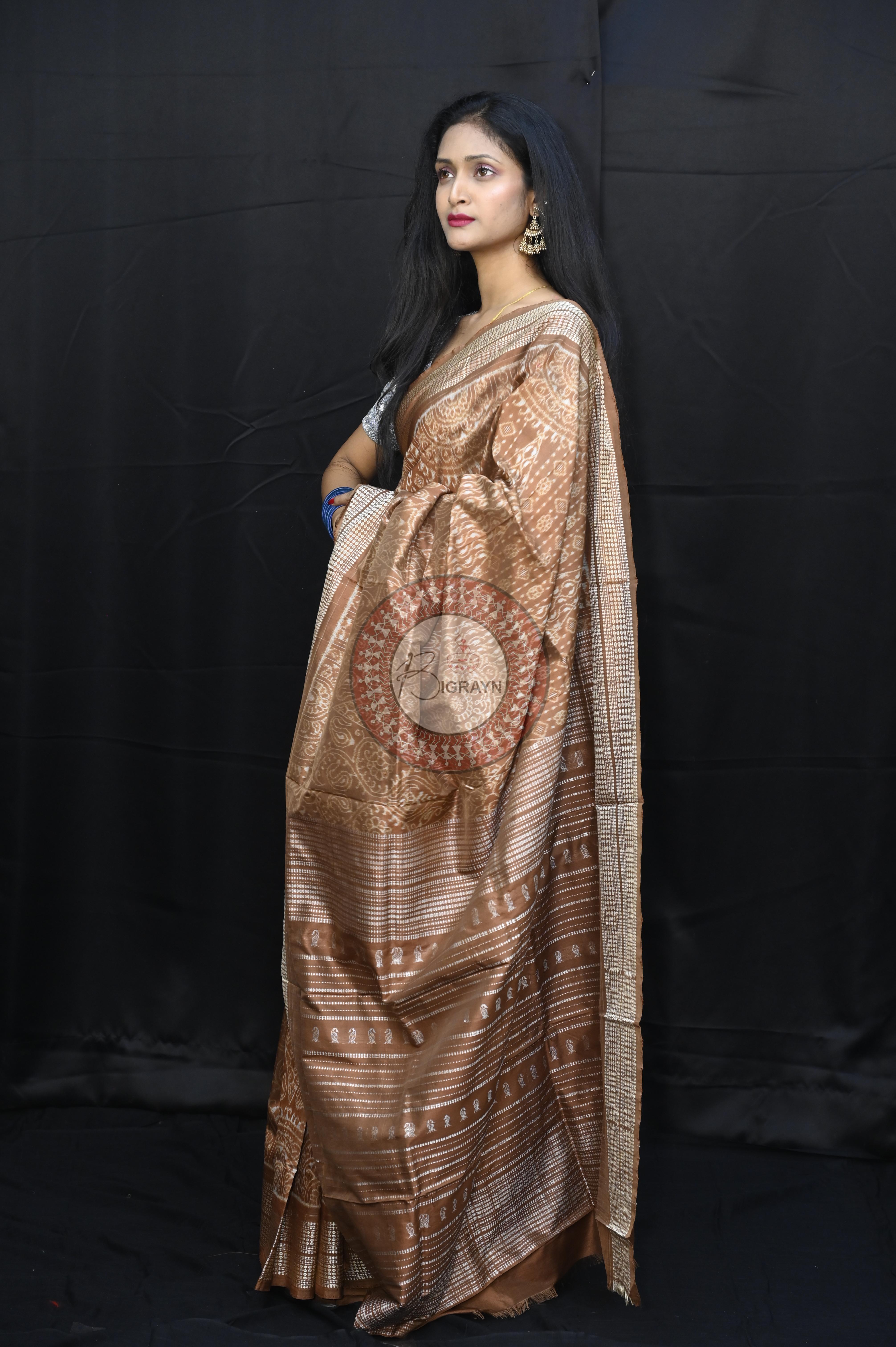 Bronze Thikudi Design Natural Dye Sambalpuri Silk Saree