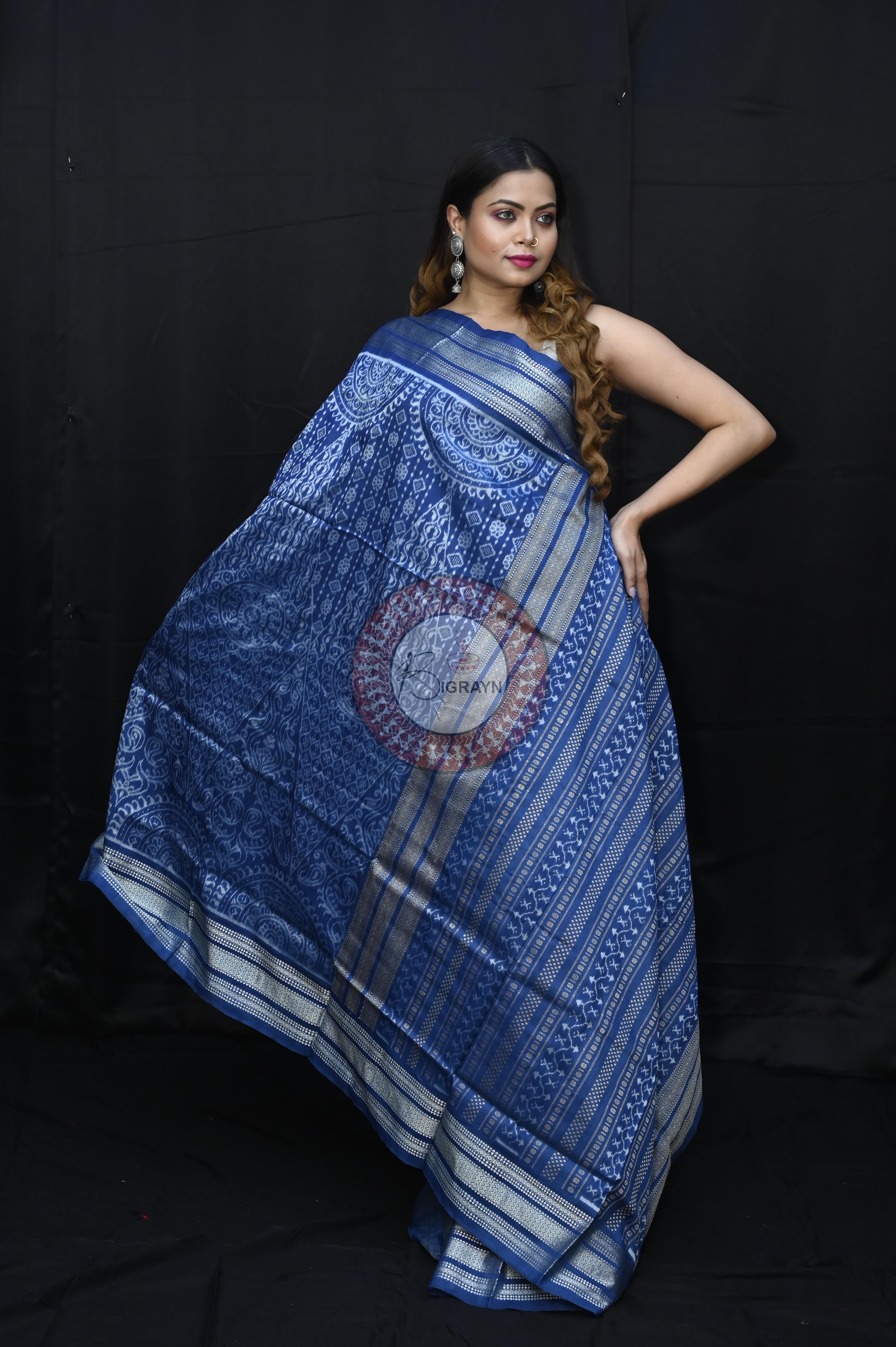 Indigo Blue Thikudi  Design Natural Dye Sambalpuri Silk Saree