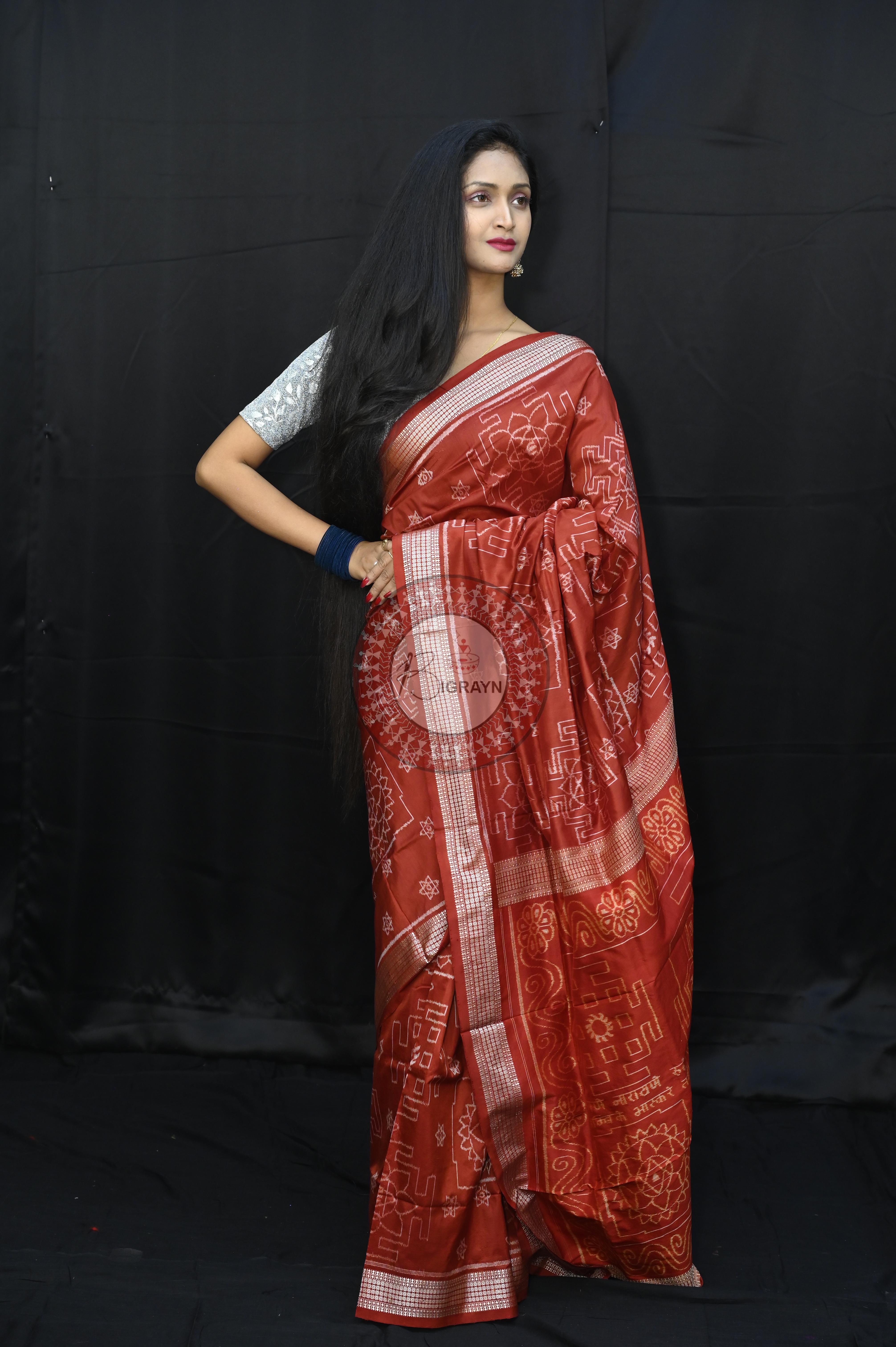Maroon White Laxmi Yantra Design Natural Dye Sambalpuri Silk Saree