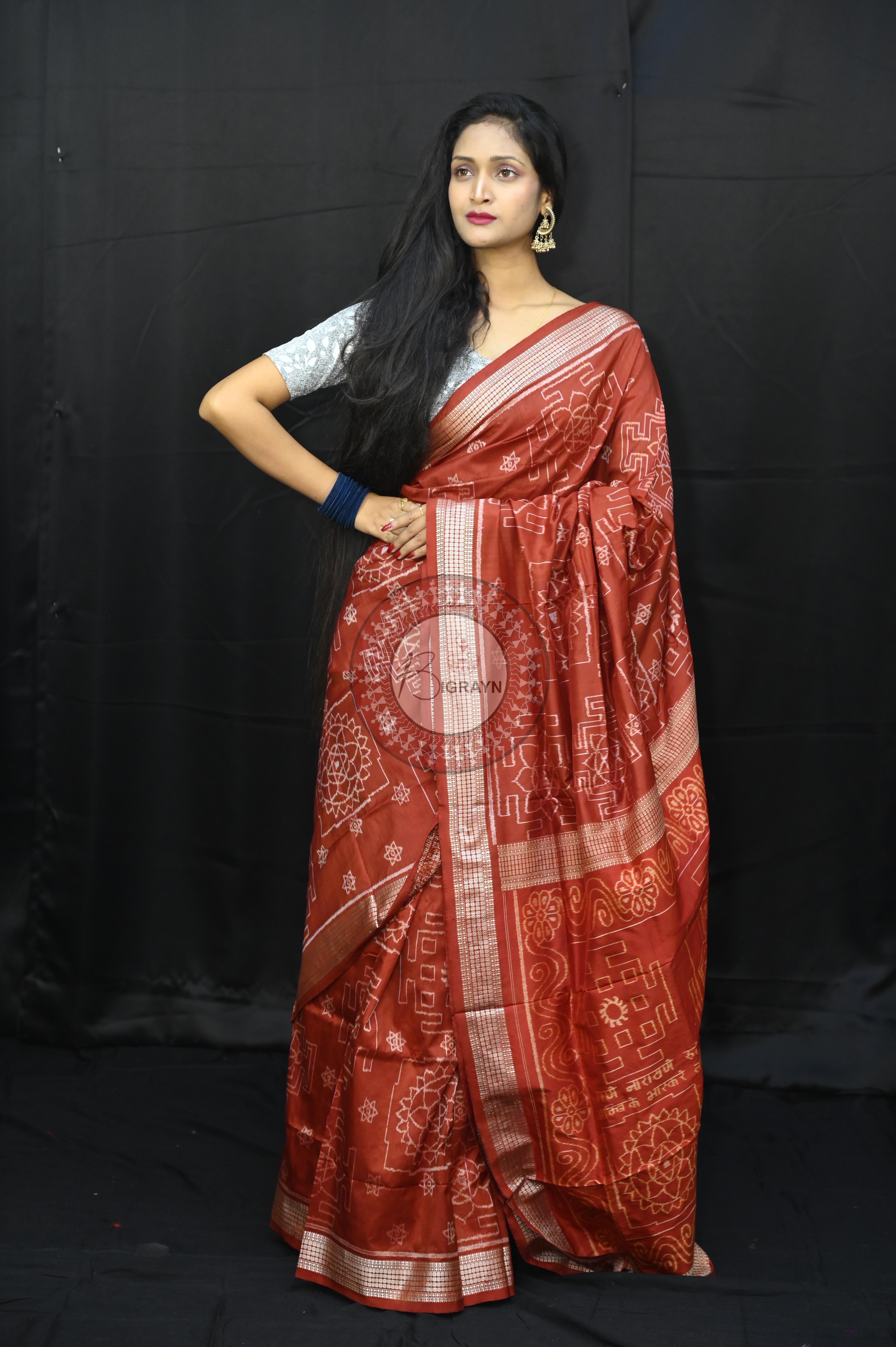 Maroon White Laxmi Yantra Design Natural Dye Sambalpuri Silk Saree