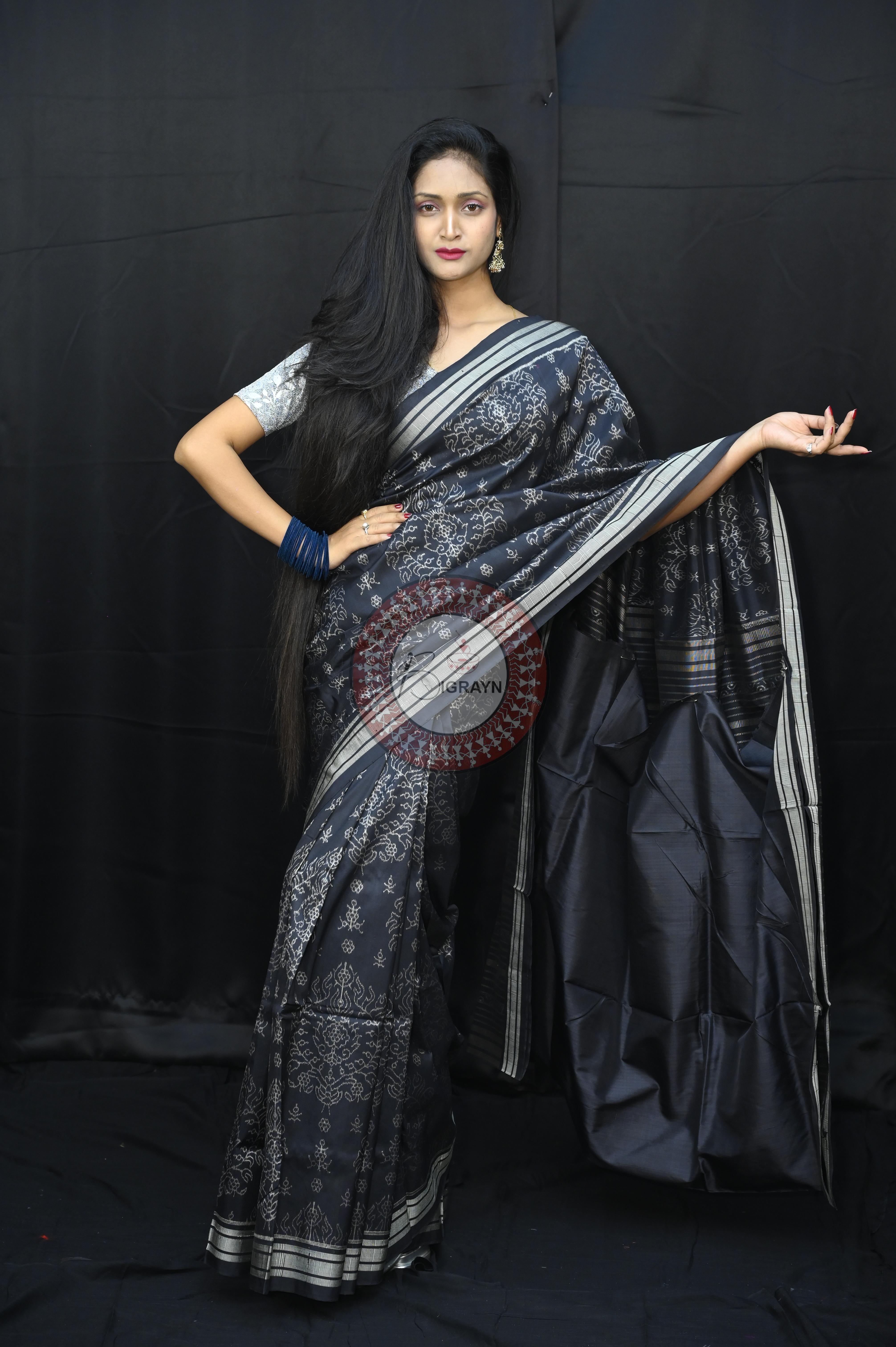 Black Padmaja Natural Dye Sambalpuri Silk Saree