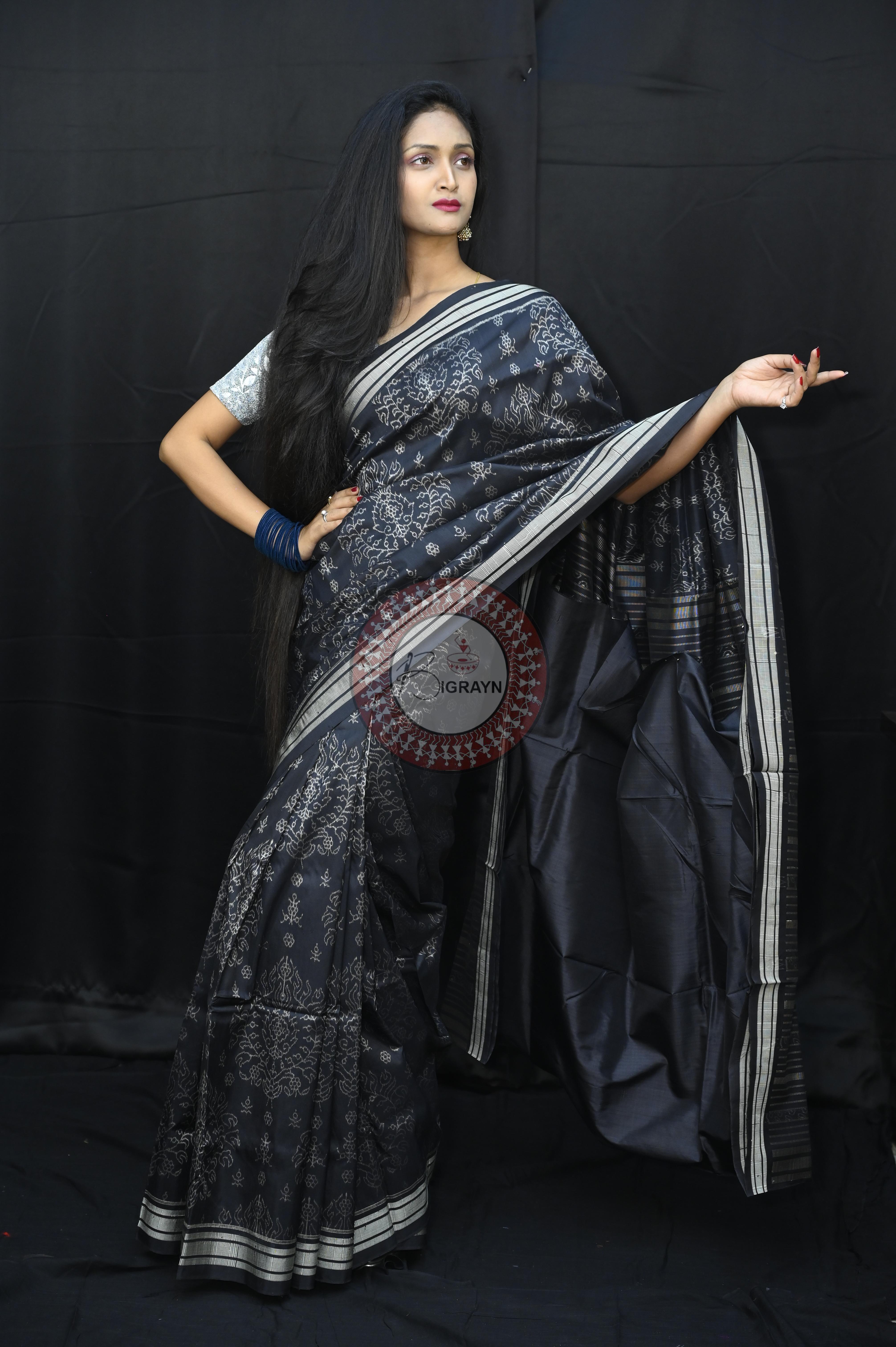 Black Padmaja Natural Dye Sambalpuri Silk Saree