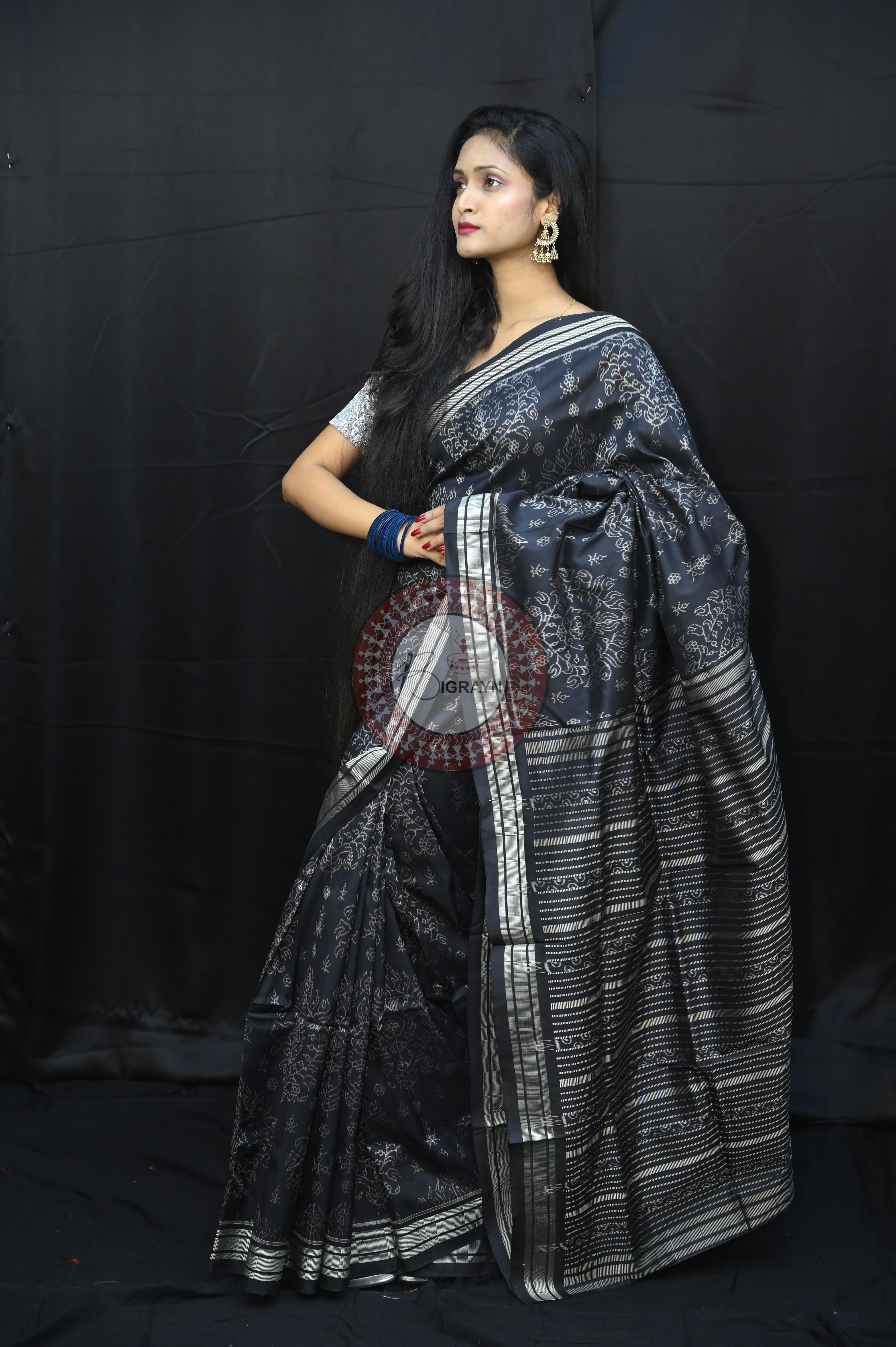 Black Padmaja Natural Dye Sambalpuri Silk Saree