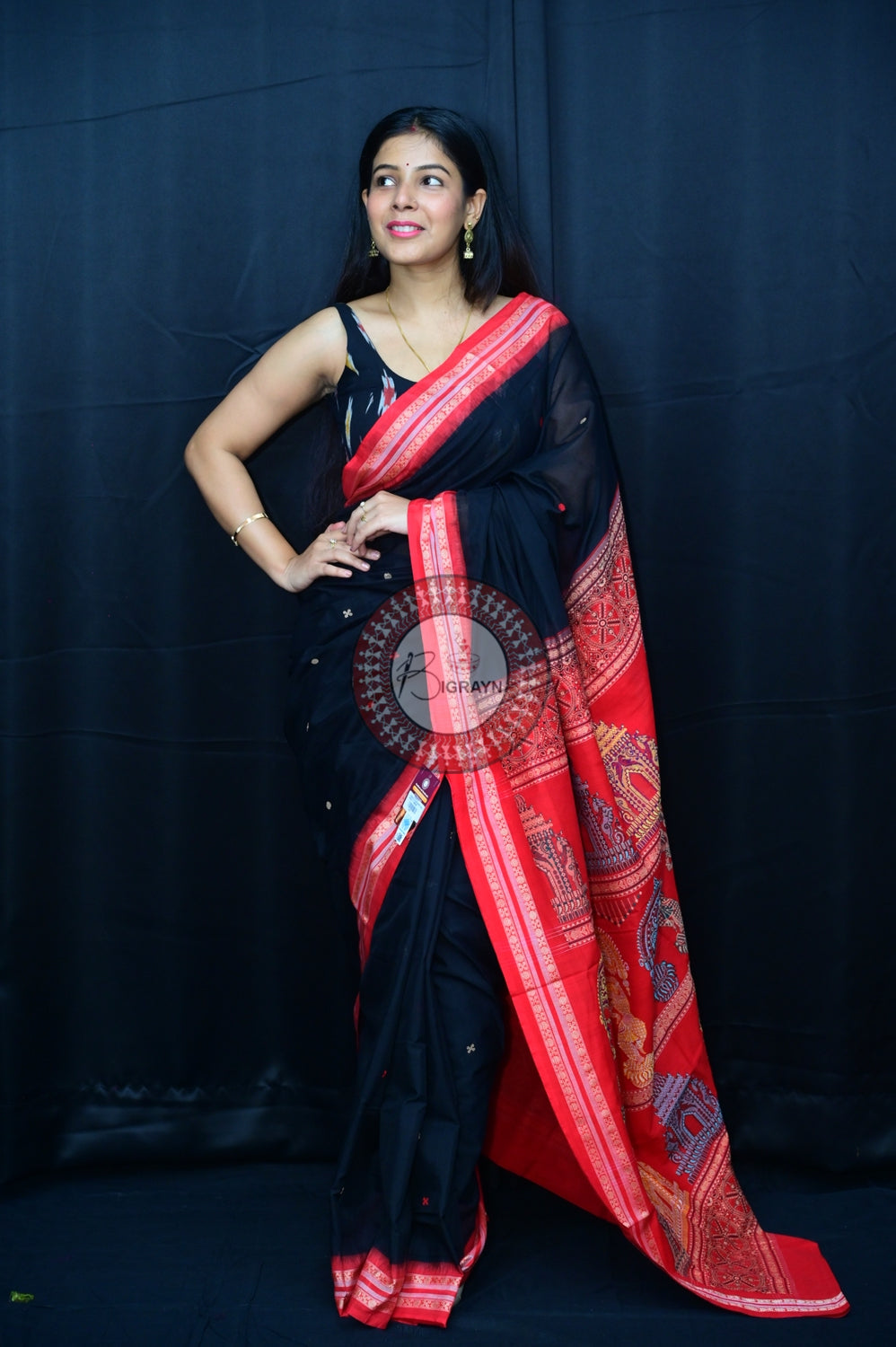 Black Red Konark Jaala Sambalpuri Cotton Saree
