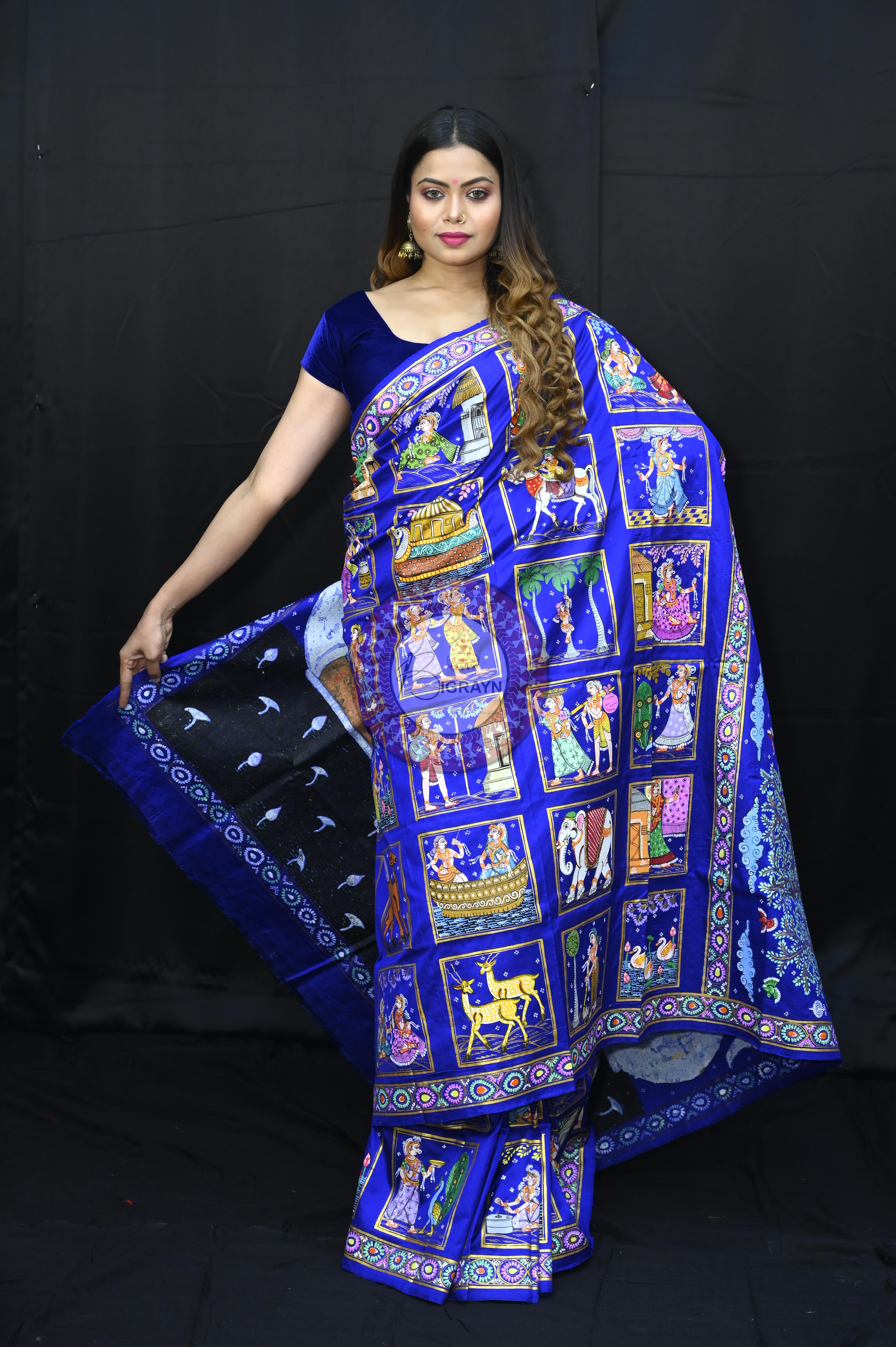 Blue Small Box Boita Theme Pattachitra Sambalpuri Silk Saree