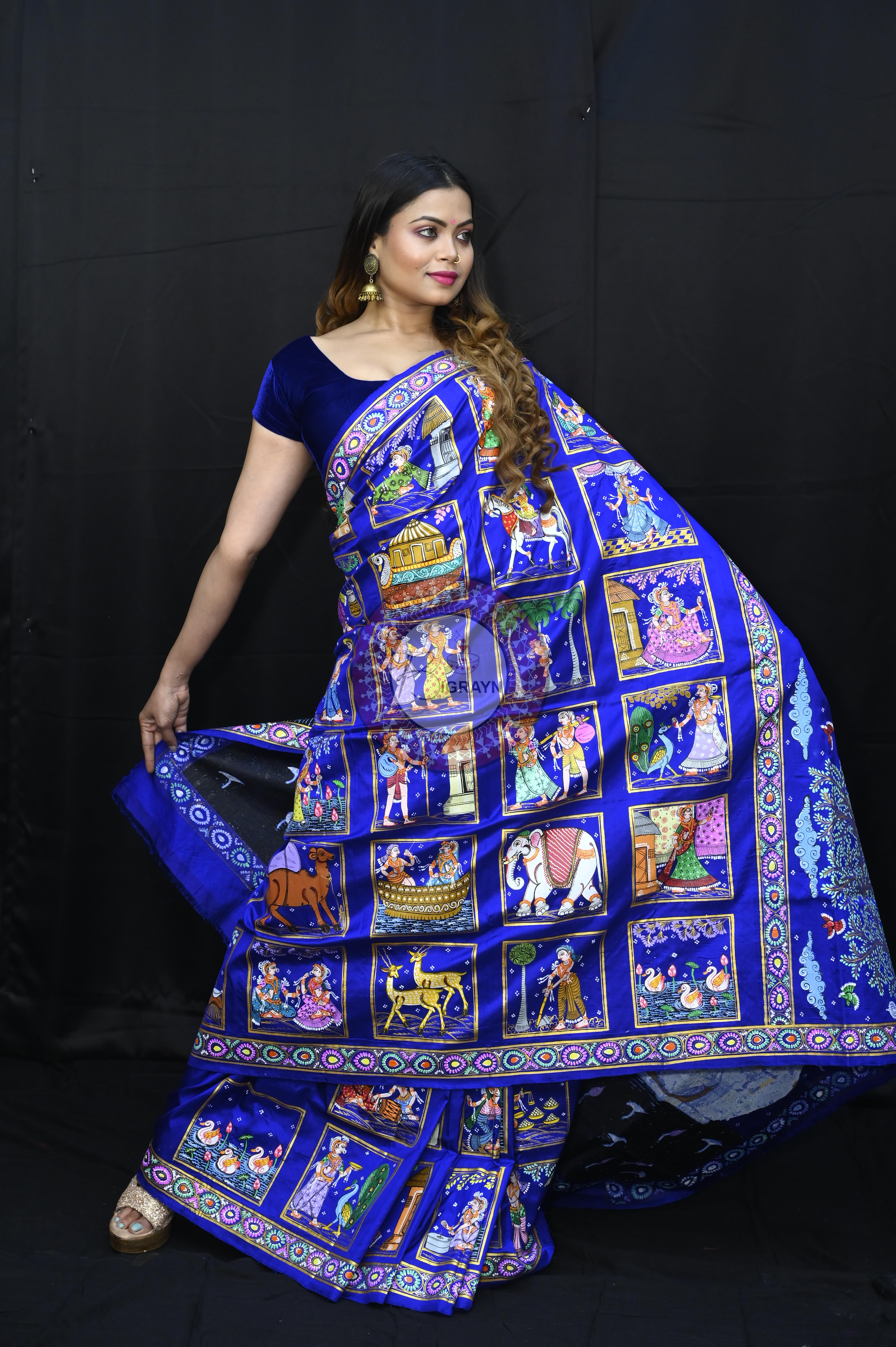 Blue Small Box Boita Theme Pattachitra Sambalpuri Silk Saree