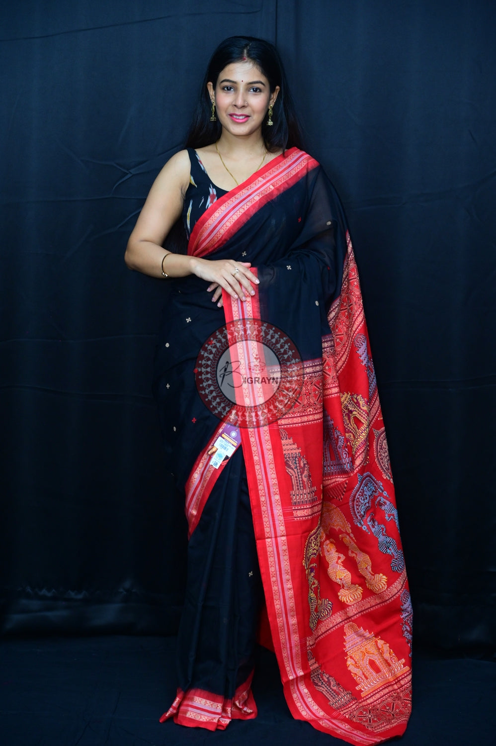 Black Red Konark Jaala Sambalpuri Cotton Saree
