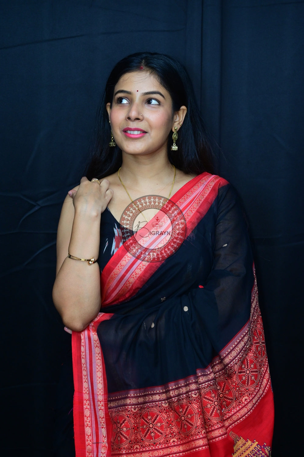 Black Red Konark Jaala Sambalpuri Cotton Saree