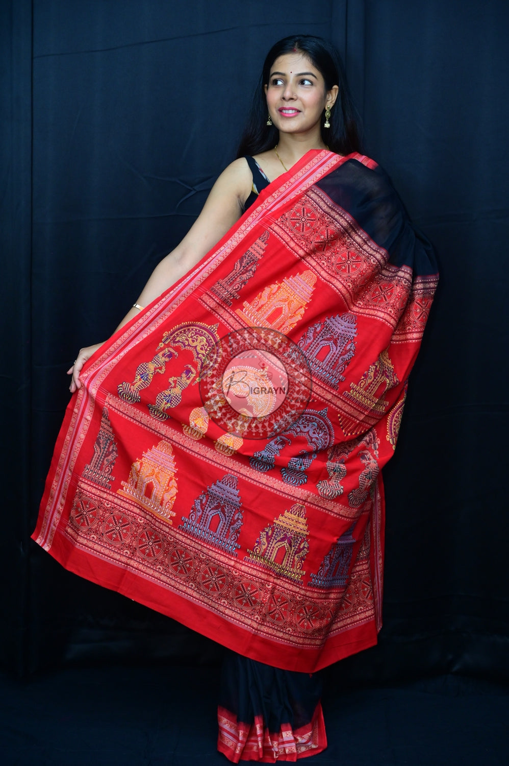 Black Red Konark Jaala Sambalpuri Cotton Saree