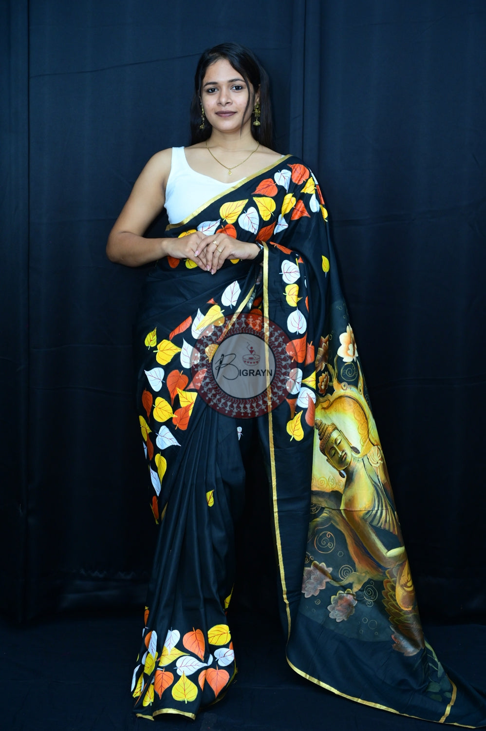 Black Buddha Theme Pattachitra Silk Saree